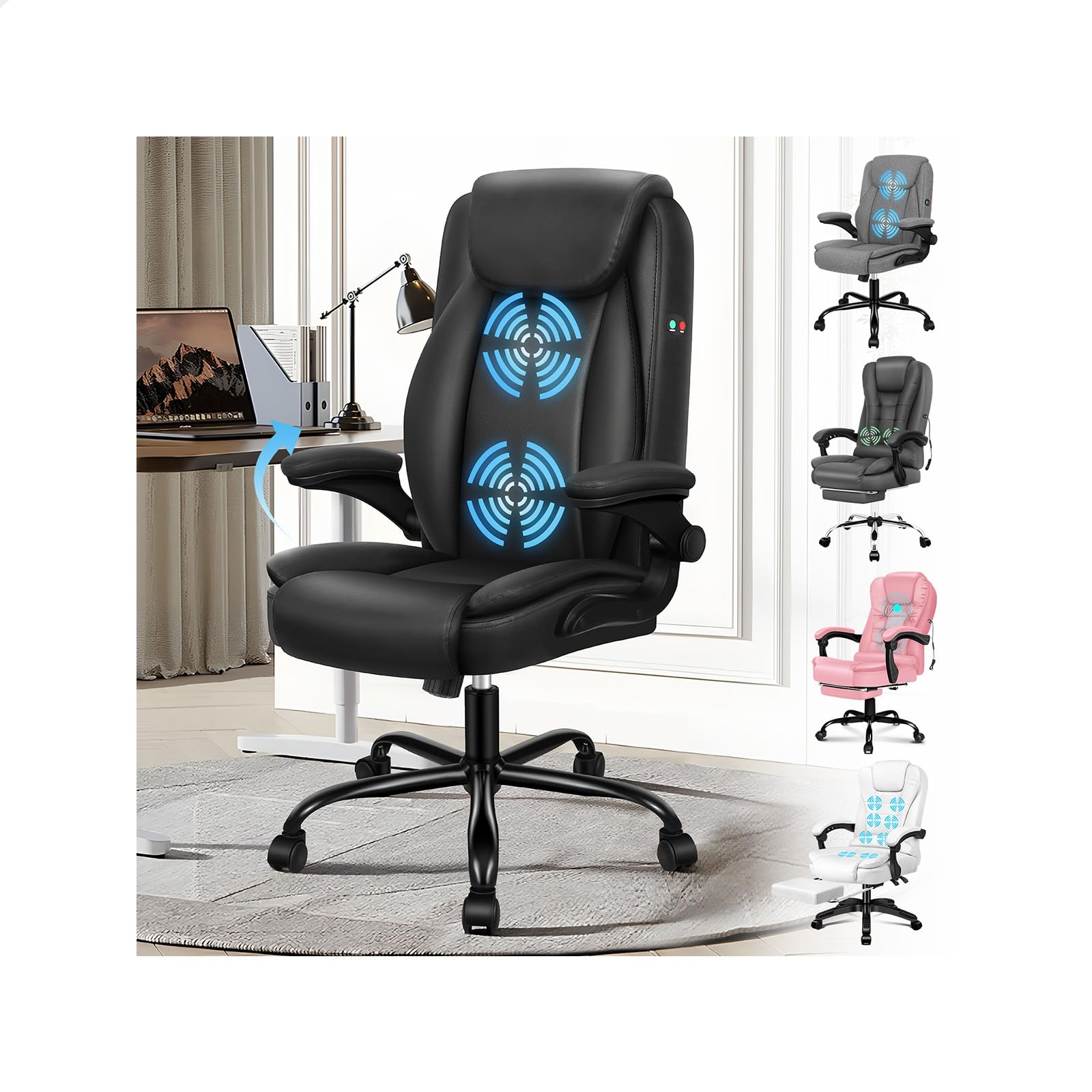 ELFORDSON Massage Office Chair for Home, Executive Comfy Office Chairs with 90° Flip-up Armrests, Adjustable Height, Swivel, Ergonomic Heavy-duty Desk Work Chair, PU Leather, Black — image 1