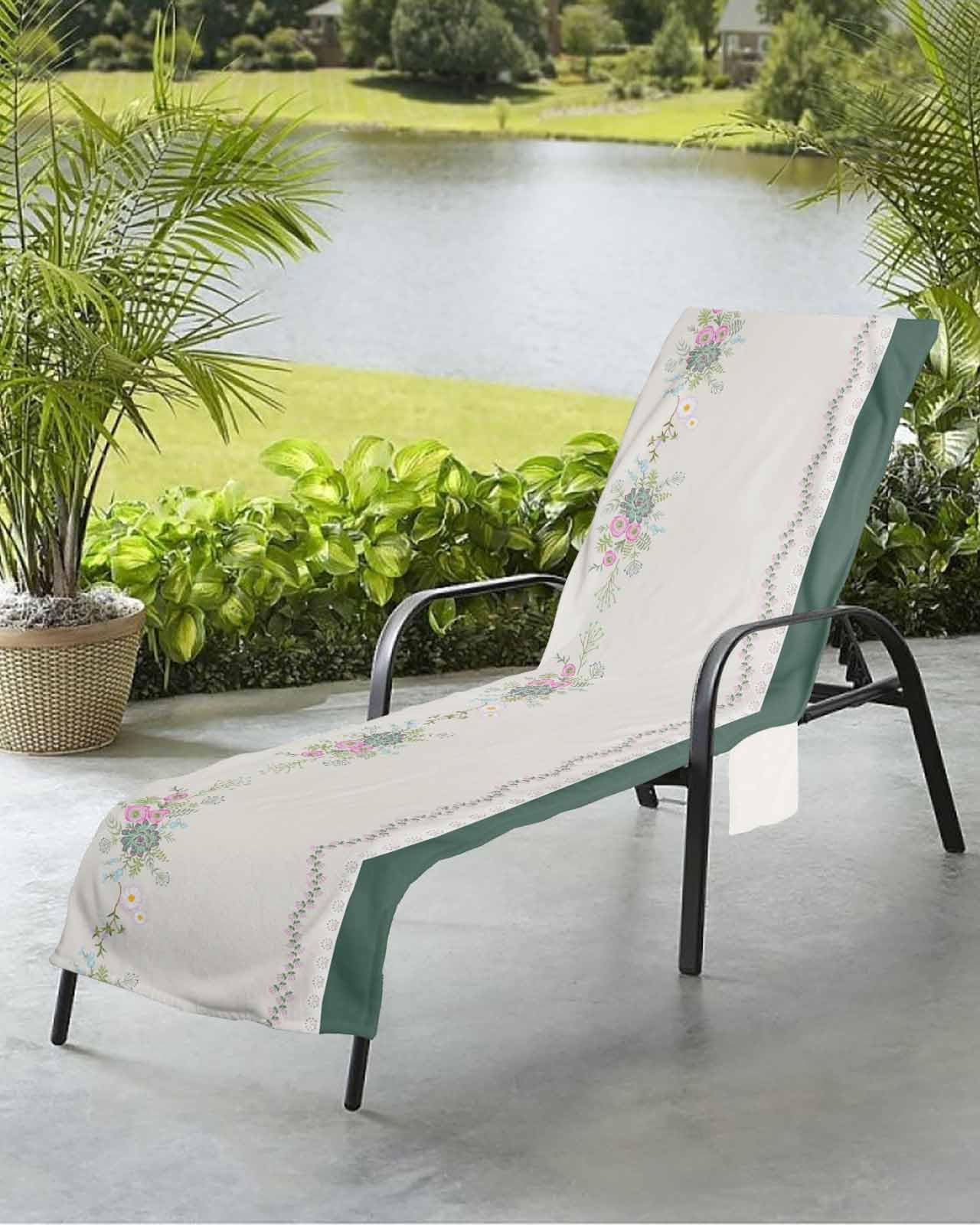 Floral Botanical Beach Chair Towel Covers for Chaise Lounge with Side Pocket, Soft Plush Pool Towels Cover for Patio Sunbathing Outdoor 29''x85'' Bohemia Embroidered Flower Vintage Green