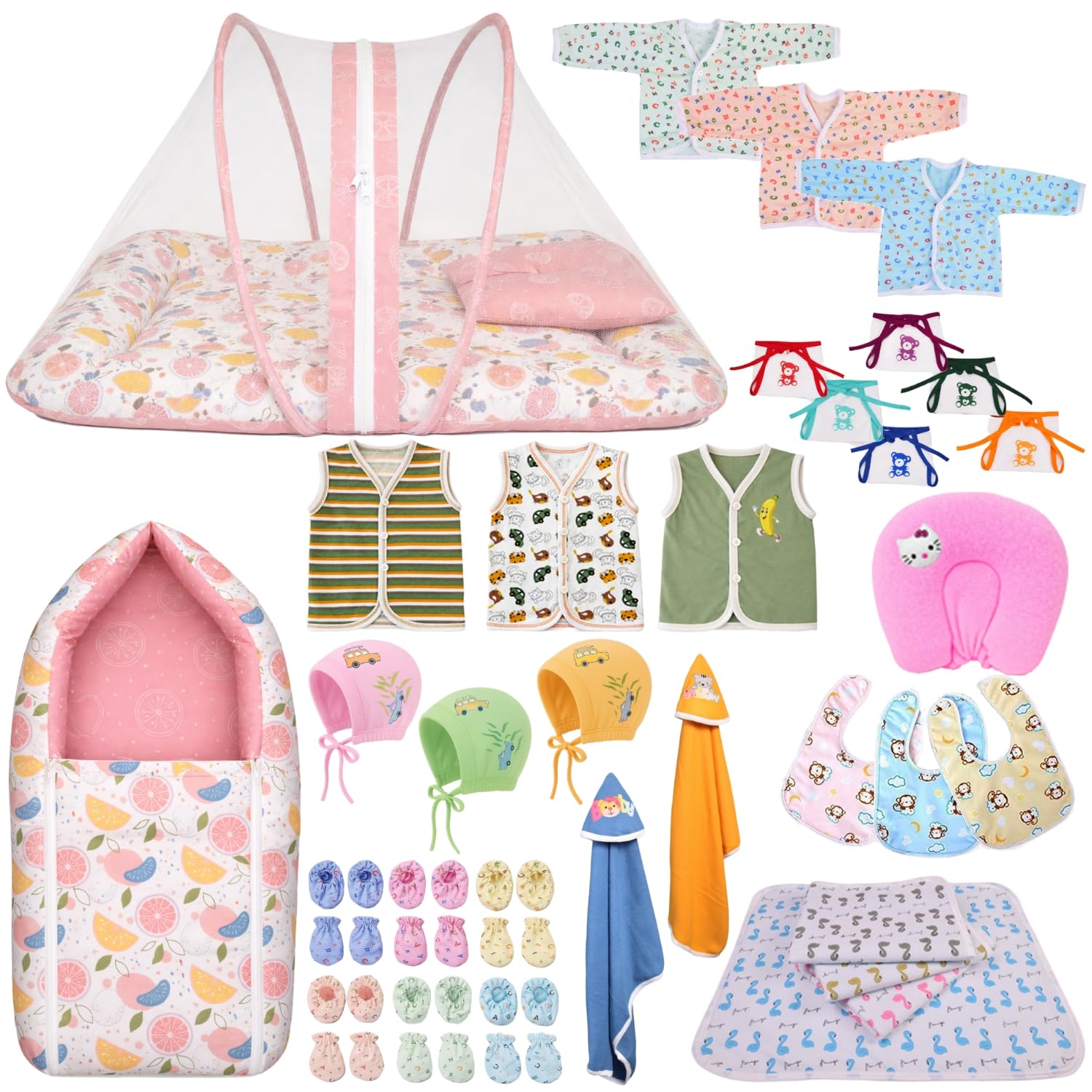 Kwitchy Newborn Baby Essentials Kit 39 Items Combo | New Born Kit 0–6 Months | Newborns Baby Set Clothes Bedding Bed Combo | Infant Essentials & Baby Shower Gift (Pink)-image-8
