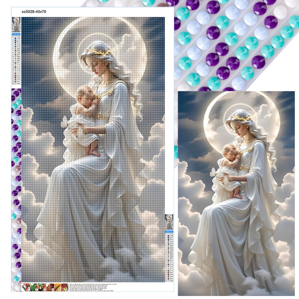 Kit Completo Diamond Painting 5D – Madonna Bambino 10x20cm, Hobby Creativo Fai Da Te Per Decorazione Parete