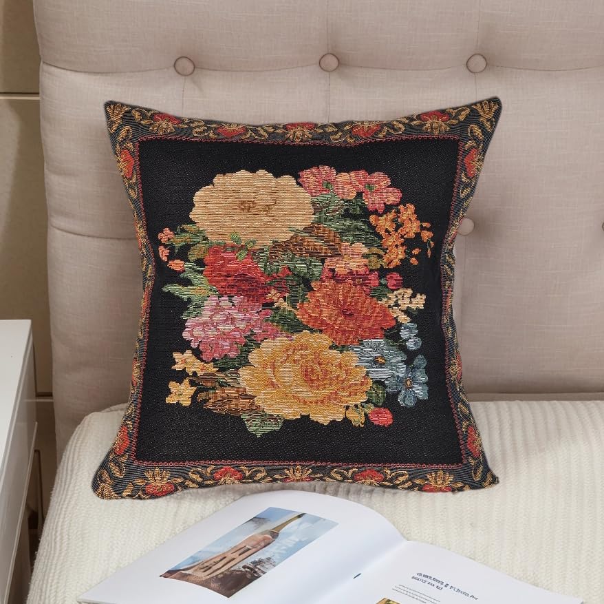 Jacquard Woven Floral Throw Pillow Cover | Vintage Tapestry Decorative Cushion for Sofa Couch Bed Decor | European Classic Home Accent Pillow Sham 16x16 Inch (Multicolored Flowers on Black)