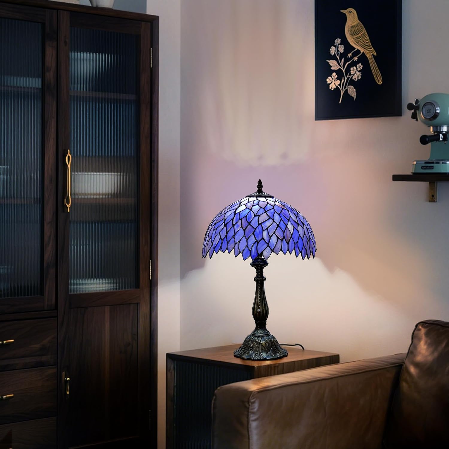 Tiffany Style Table Lamp Vintage Stained Glass Desk Lamp Deep Blue Purple Wisteria Bedside Reading Light Decor Bedroom Living Room Home Office D12 xH18