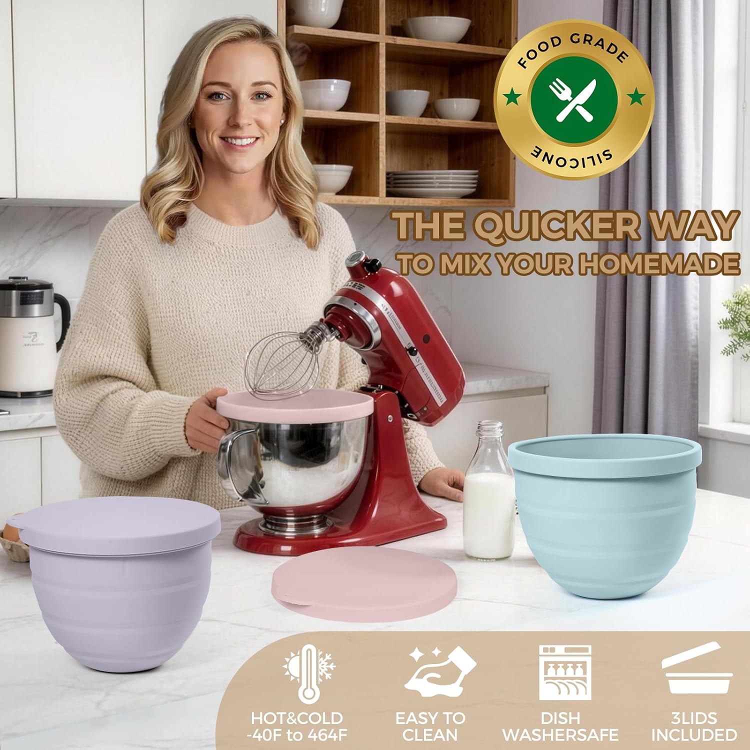 Foldable Silicone Bowl Liners for KitchenAid Tilt-Head 5 Qt Only – 600g Extra-Thick Inserts with Hanging-Hole Lids – Air-Channel Easy Release – Dishwasher Safe, Microwave & Freezer Safe