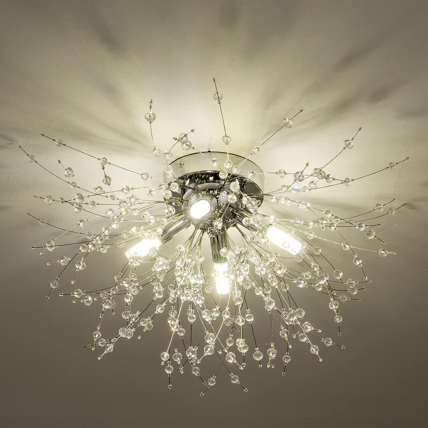 TANLUX Black Firework Flush Mount Ceiling Light Fixture, Modern Crystal Sputnik Firework Ceiling Lights, 6-Light Close to Ceiling Lighting Fixtures for Bedroom Kitchen Hallway Entryway