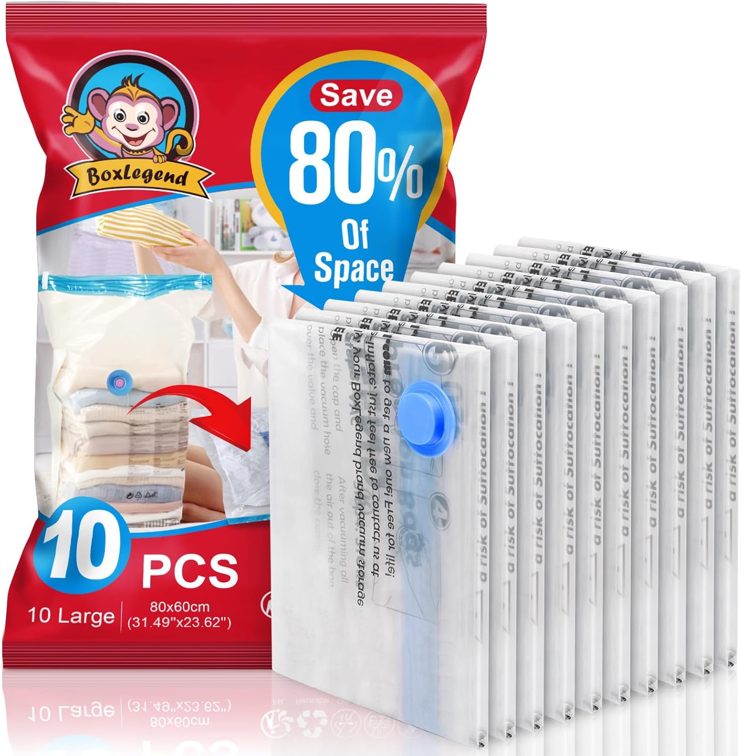 BoxLegend Sacs de Rangement Sous Vide Aspirateur, 10L*80x60cm Sac de Compression Voyages Housse Aspirable Rangement Réutilisables pour Matelas, Tente, Vêtements, Couettes, Literie, Oreillers