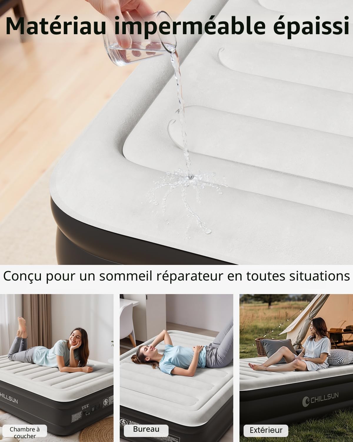 CHILLSUN Matelas Gonflable 2 Personnes 203x152x46cm Lit Gonflable Surface Flockée Étanche Pompe