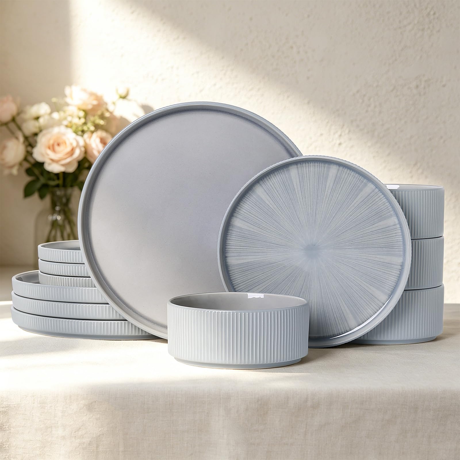 Stoneware Dinnerware Sets for 4, 12-Piece Plates and Bowls Set, Smoky Blue