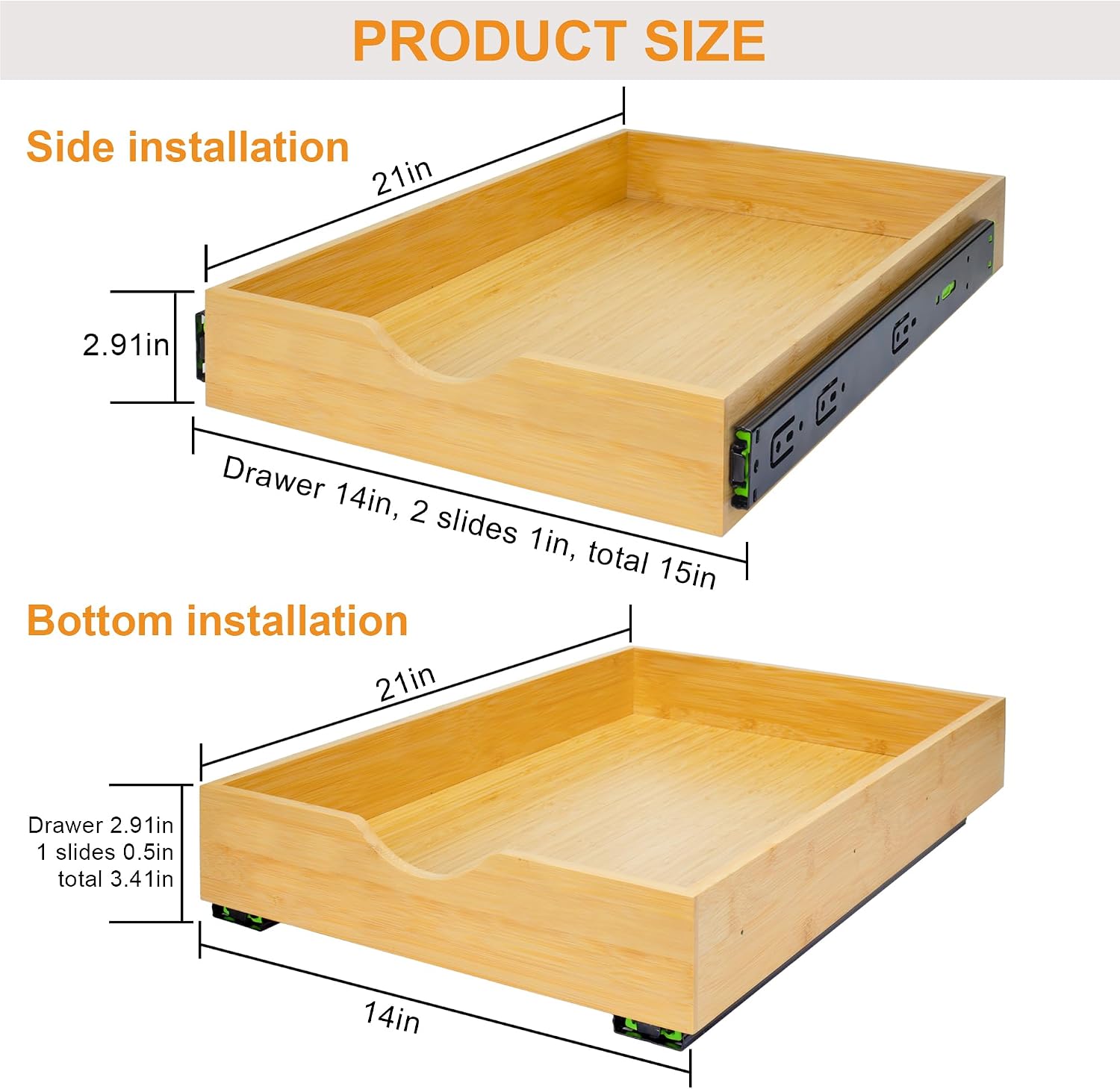 MinBoo Bamboo Pull Out Drawers for Cabinets 14" W x 21" D,Gliding Soft Close Shelves for Kitchen, Pantry, and Storage Organization,Pull Out Cabinet Drawer, Cabinet Drawers Slide Out