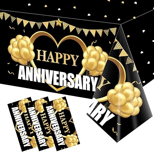 Paquete de 3 manteles decorativos de aniversario de boda, color negro y dorado, suministros para fiestas, mantel rectangular desechable de plástico