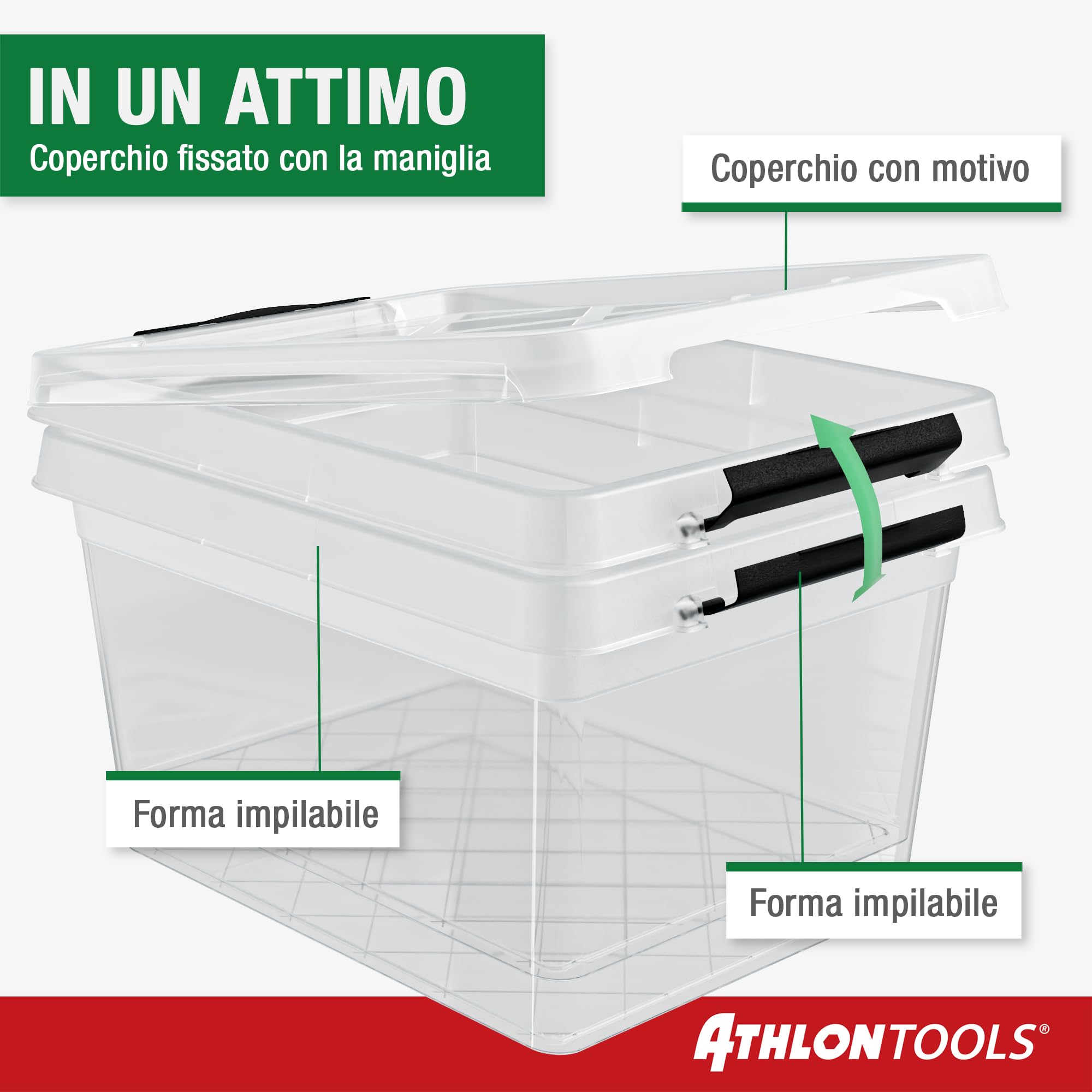 ATHLON TOOLS Set di 10 contenitori da 2L con coperchio – 100% materiale vergine – trasparenti – senza BPA – contenitori impilabili – clip di chiusura grigie – quasi ermetici – organizer