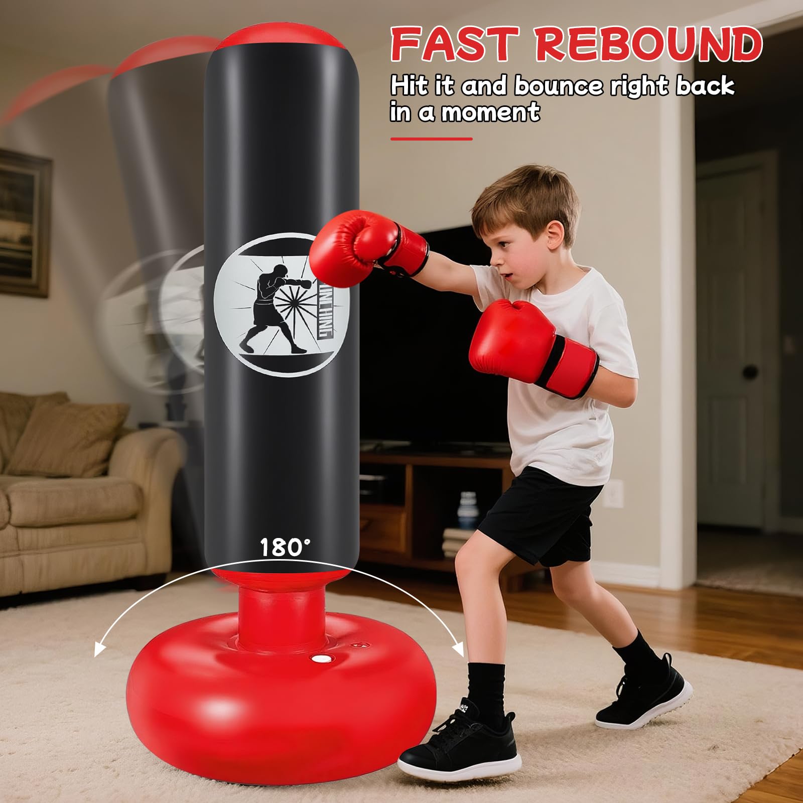 Ninonly Sac de Boxe Enfant 160cm Gonflable avec Pompe et Gants, Set Punching Ball Cadeau 3-12 Ans