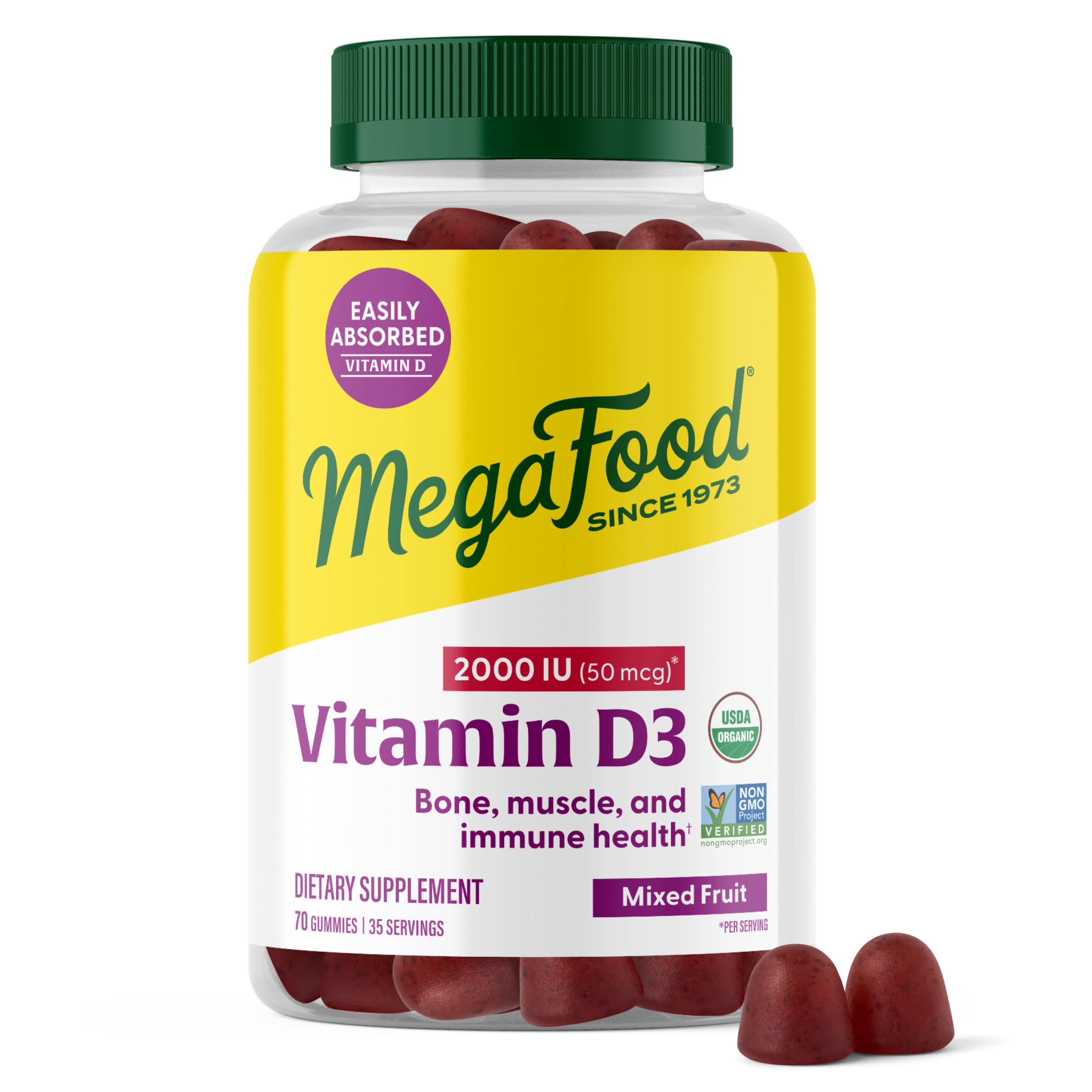 Vitamin D3 2000 IU (50 mcg)-D3 Gummies- Bone, Muscle & Immune Support Supplement - USDA Organic, Non-GMO, Mixed Fruit, 70 Gummies 35 Servings