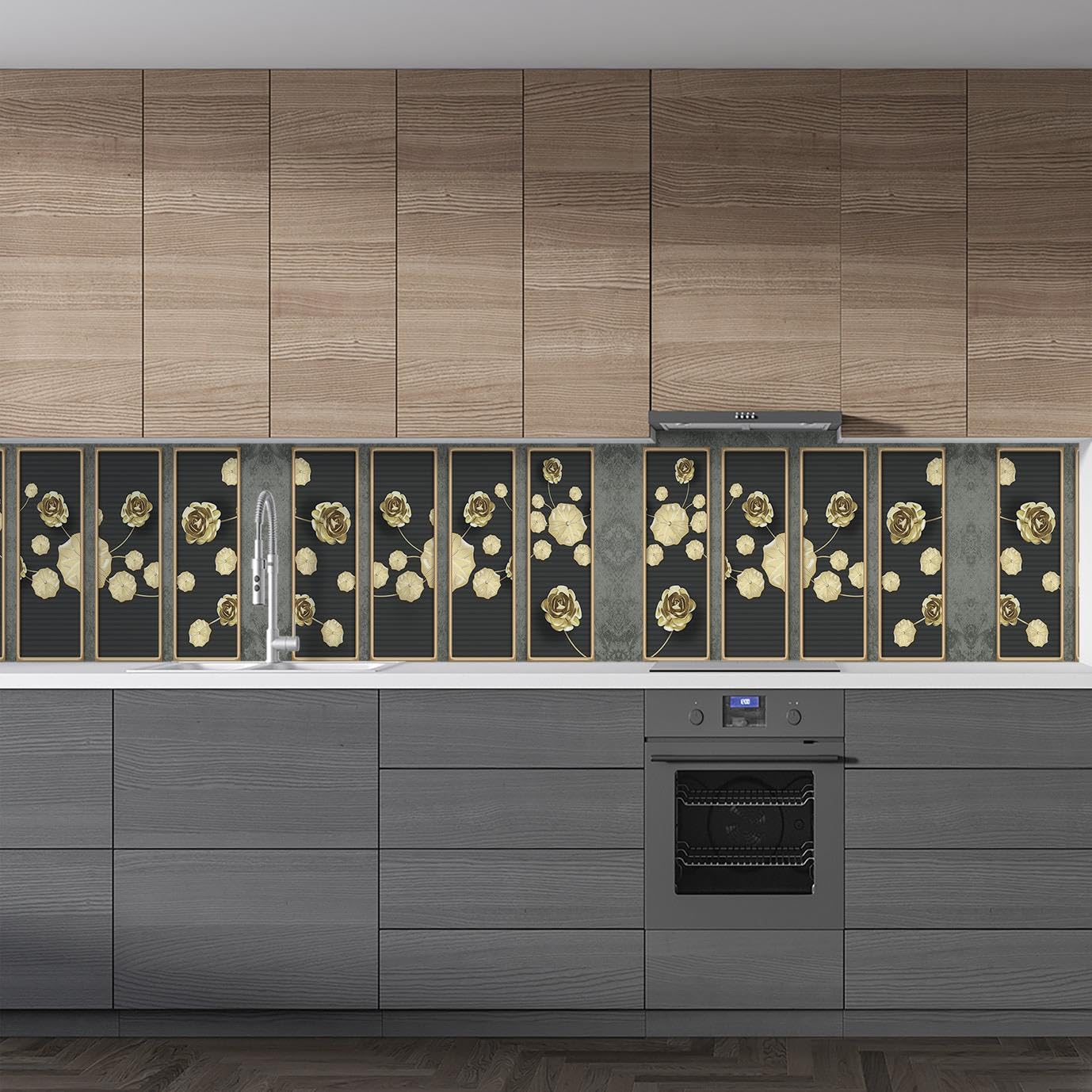 Mutfak Tezgah Arası Folyo Fayans Kaplama Folyosu 3D Golden Flower Bordür Motif 60x500 CM
