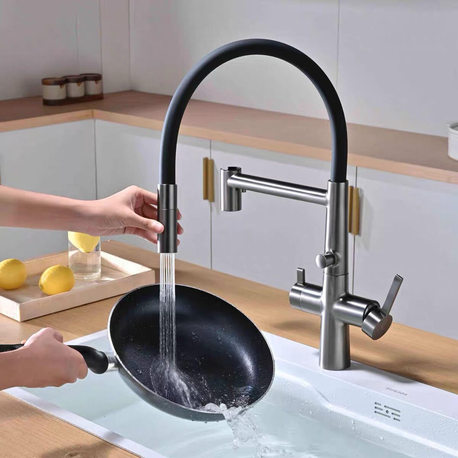 Grifo Cocina Flexible con Osmosis 4 Modos Rotación 360° Grifo Fregadero Extensible Cobre,gris Pistola