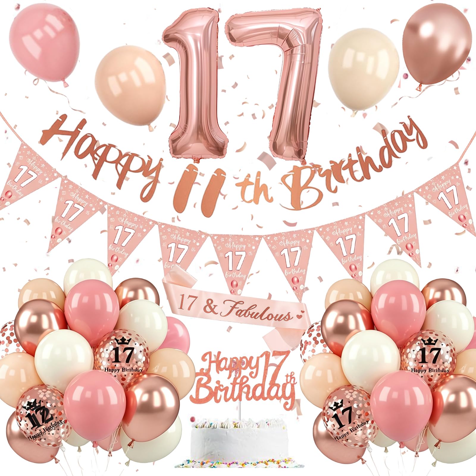 17th Birthday Decoration for Girls,17th Birthday Decoration with Retro Pink Rose Gold Balloons,Happy 17st Banner, Cake Topper, Number 17 Foil Balloons for Girls Party Decoration — image 1
