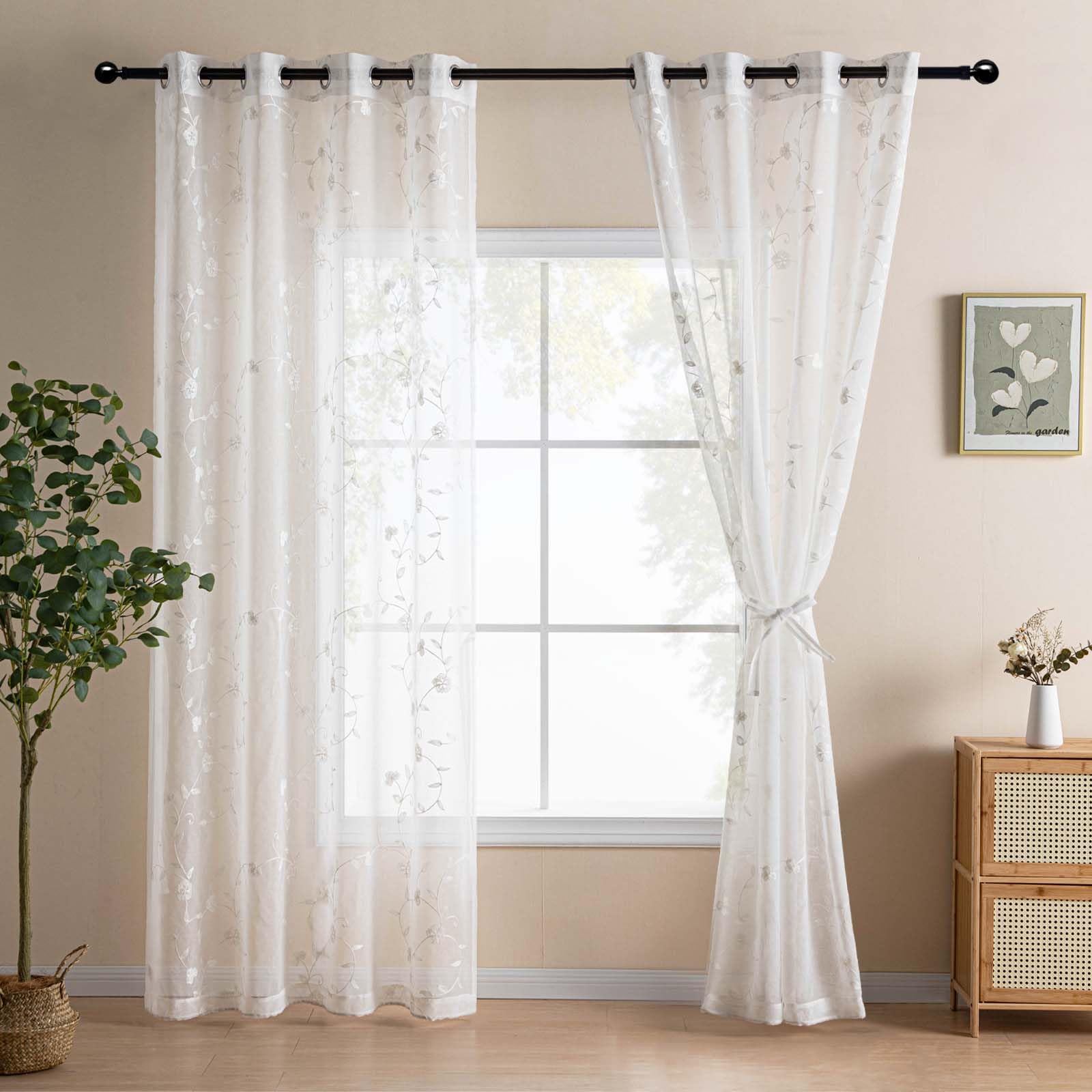 DWCNEmbroidery Sheer Curtains Decoration Flora Design Grommet Window Curtain Semi Voile Drapes with Eyelets Window Treatments for Living Room Bedroom 2 Panels 52" W x 88" L White