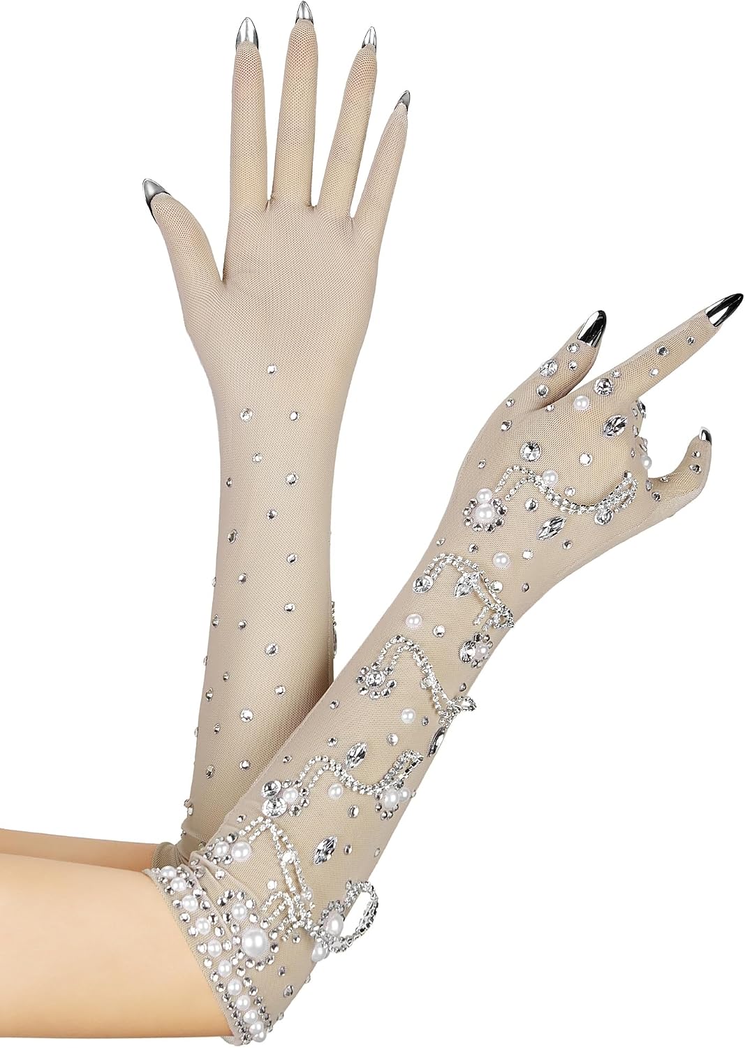 Sparkly Pearl Rhinestone Long Gloves For Women Party Wedding Birthday Costume Drag Queen Accessories