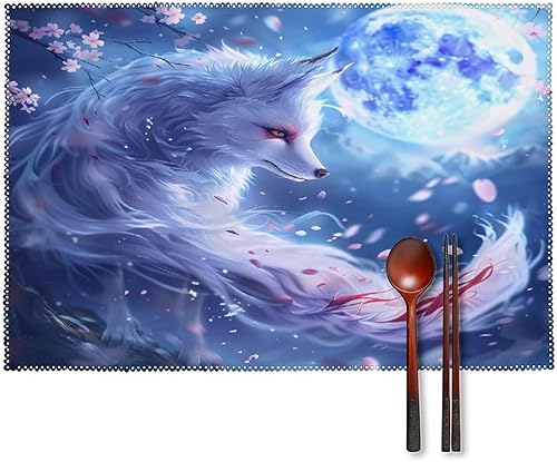 Nine Tailed Fox Cherry Flowers Placemats Set of 6 Resistant Table Mats Washable Place Mats for Dinner Party Table Decoration