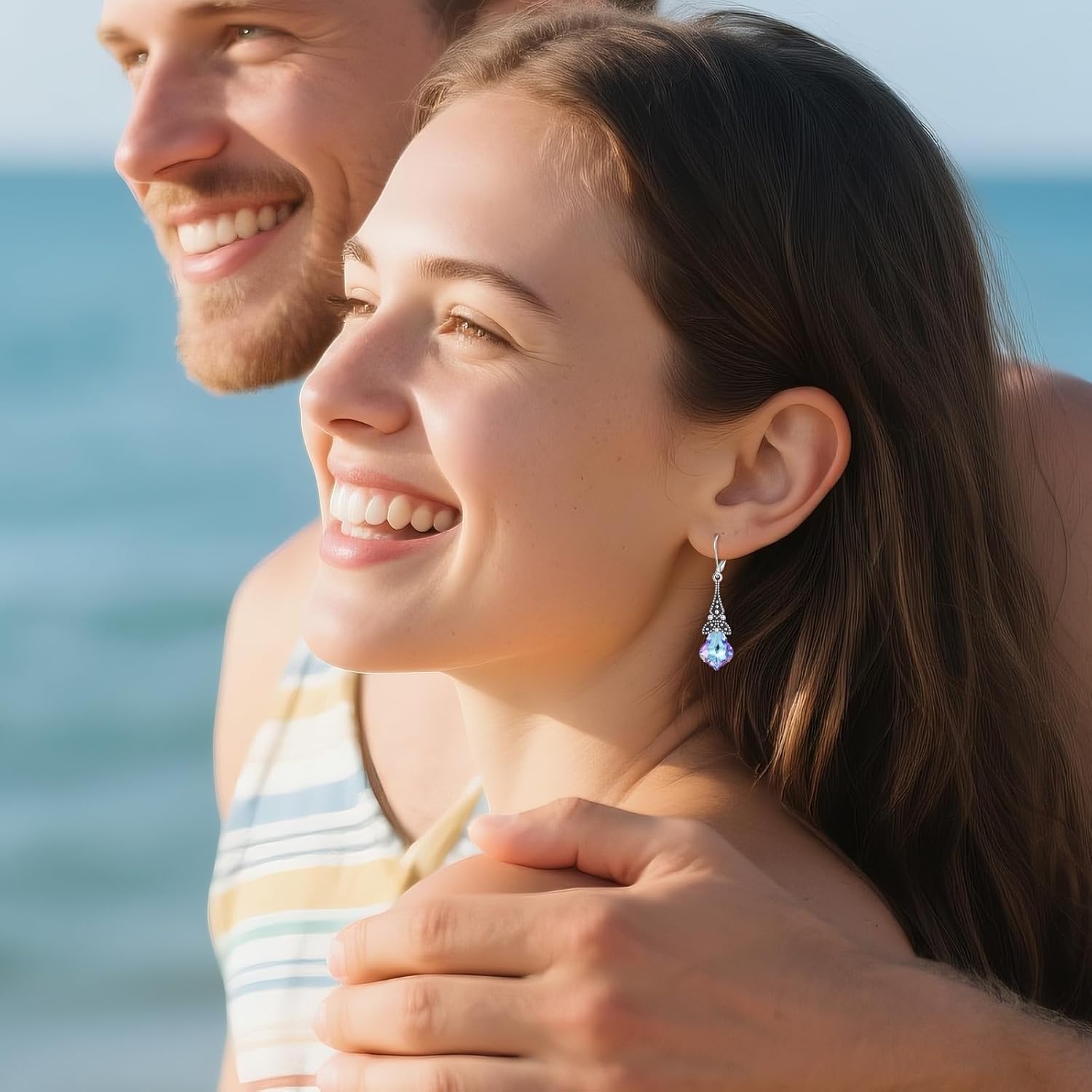 Vintage Crystal Earrings 925 Sterling Silver Retro Dangle Drop Leverback Earrings with Crystla from Austria, Birthday Jewelry Gifts for Women - Image 2