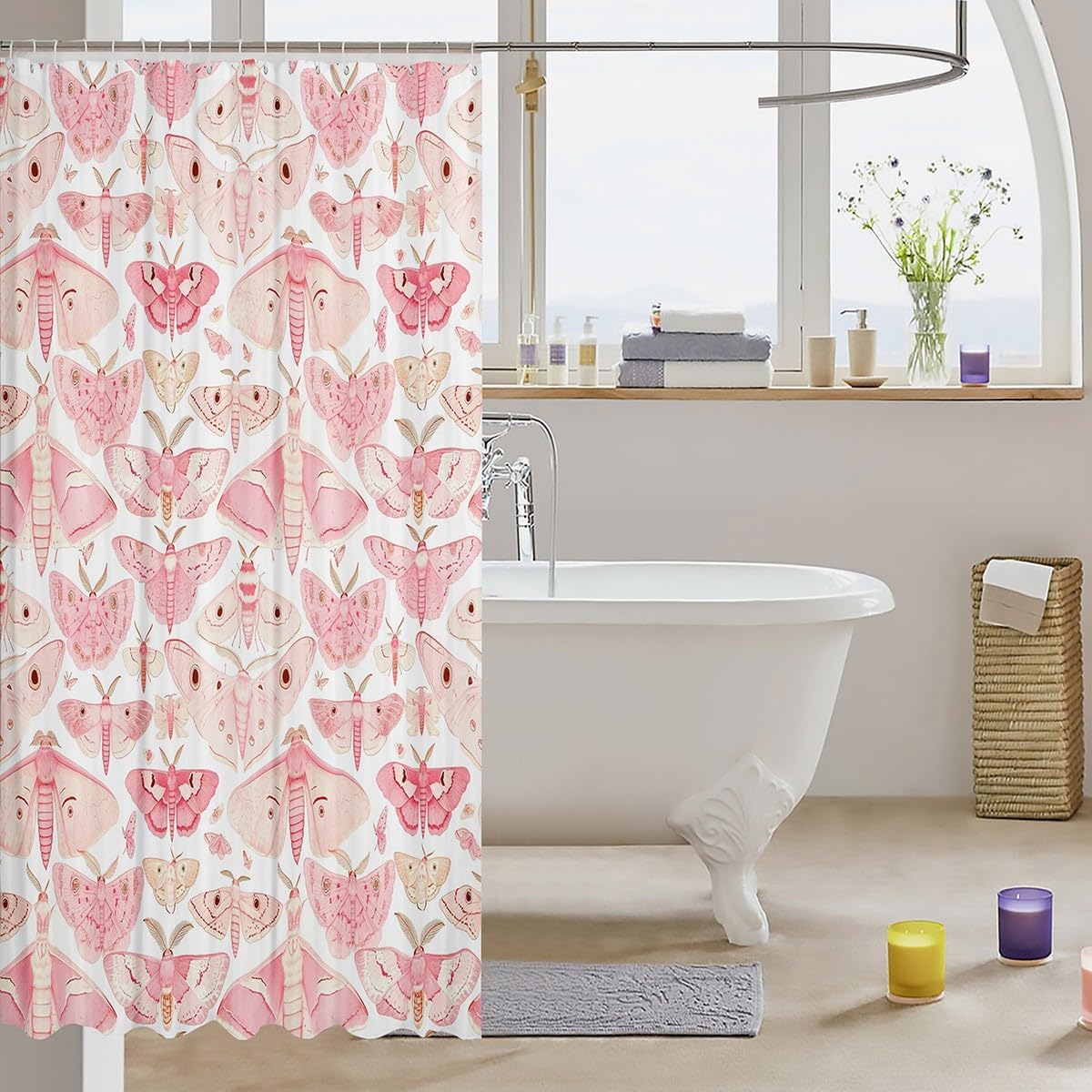 Feelyou Pink Moth Shower Curtain 72"x78" Boho Exotic Bath Curtain for Boys Girls Teens Bohemian Bathroom Shower Curtain Set Waterproof Kids Bathroom Accessories