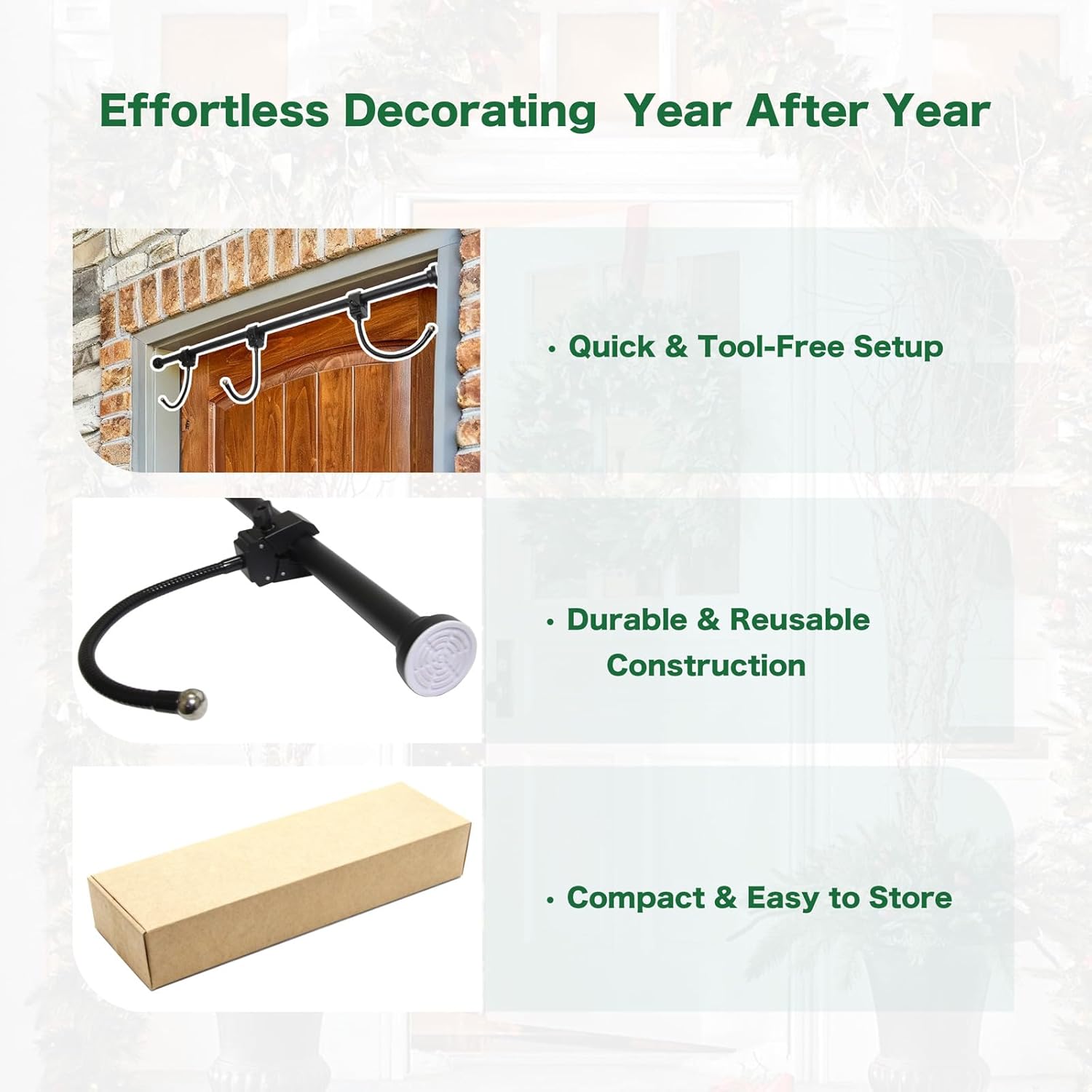 Adjustable Garland & Wreath Hanger for Front Door Frame 32"-80", Front Door Hanger for Christmas Decorations & Halloween Decor, No Drilling,Damage-Free