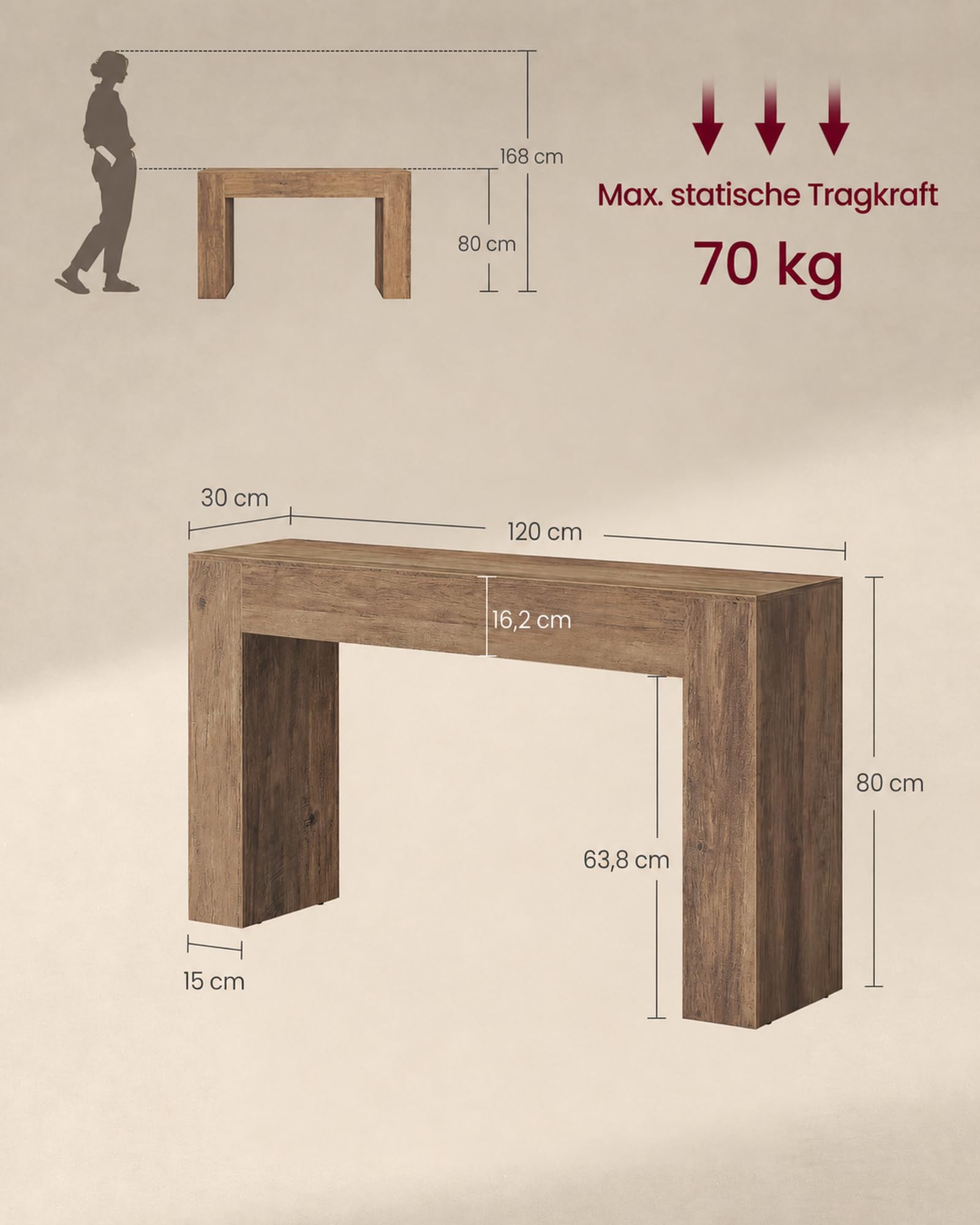 VASAGLE Konsolentisch aus Spanplatte, schmaler Flurtisch in U-Form, 120 x 30 x 80 cm, Honigbraun, für Eingangsbereich und Wohnzimmer, Koni Kollektion LNT144KB01