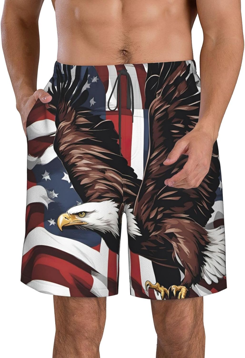Eagle with USA Flag Print Men's Quick-Drying Shorts Casual Beach Pants Stretch Waist Shorts and Pockets