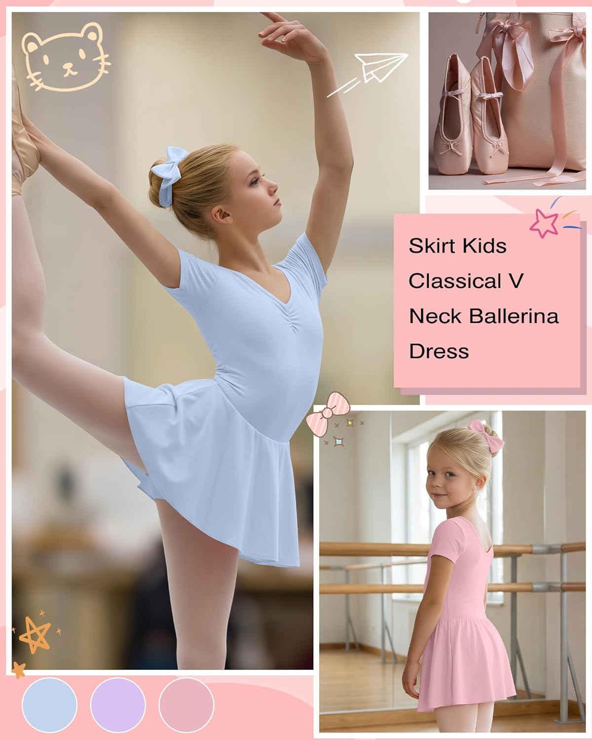 3 Pack Girl's Ballet Leotards Short Sleeve V Neck Dance Dress Toddler Classical Ballerina Soft Stretch Outfits