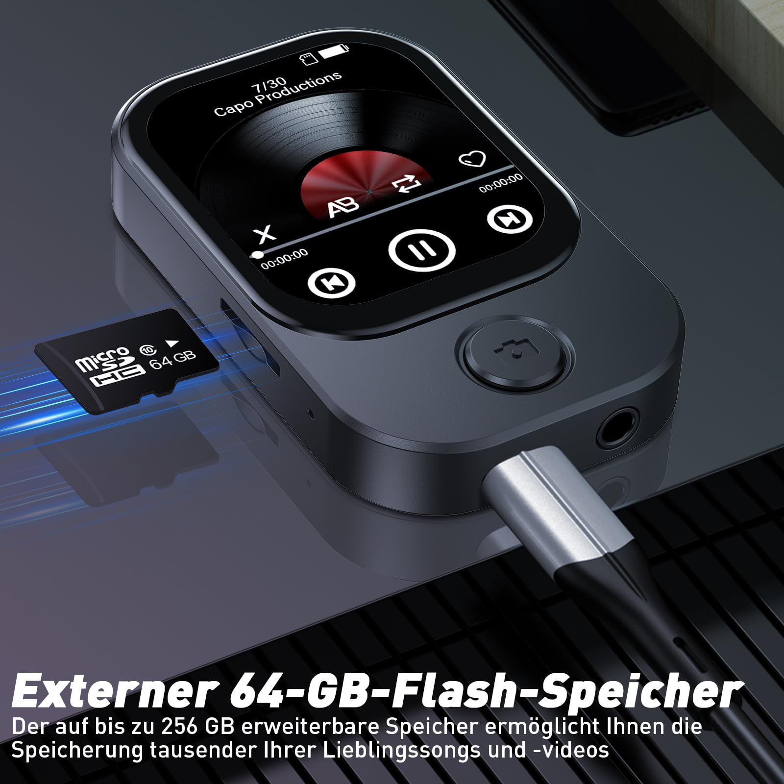 64GB MP3 Player Bluetooth 5.4 mit 180° Aufklappbar Kamera, RWSRW Mini Musik Player HD Lautsprecher FM Radio Fotoalbum Ideal HiFi-Sound E-Book Reader, Sport Schrittzähler (Schwarz)
