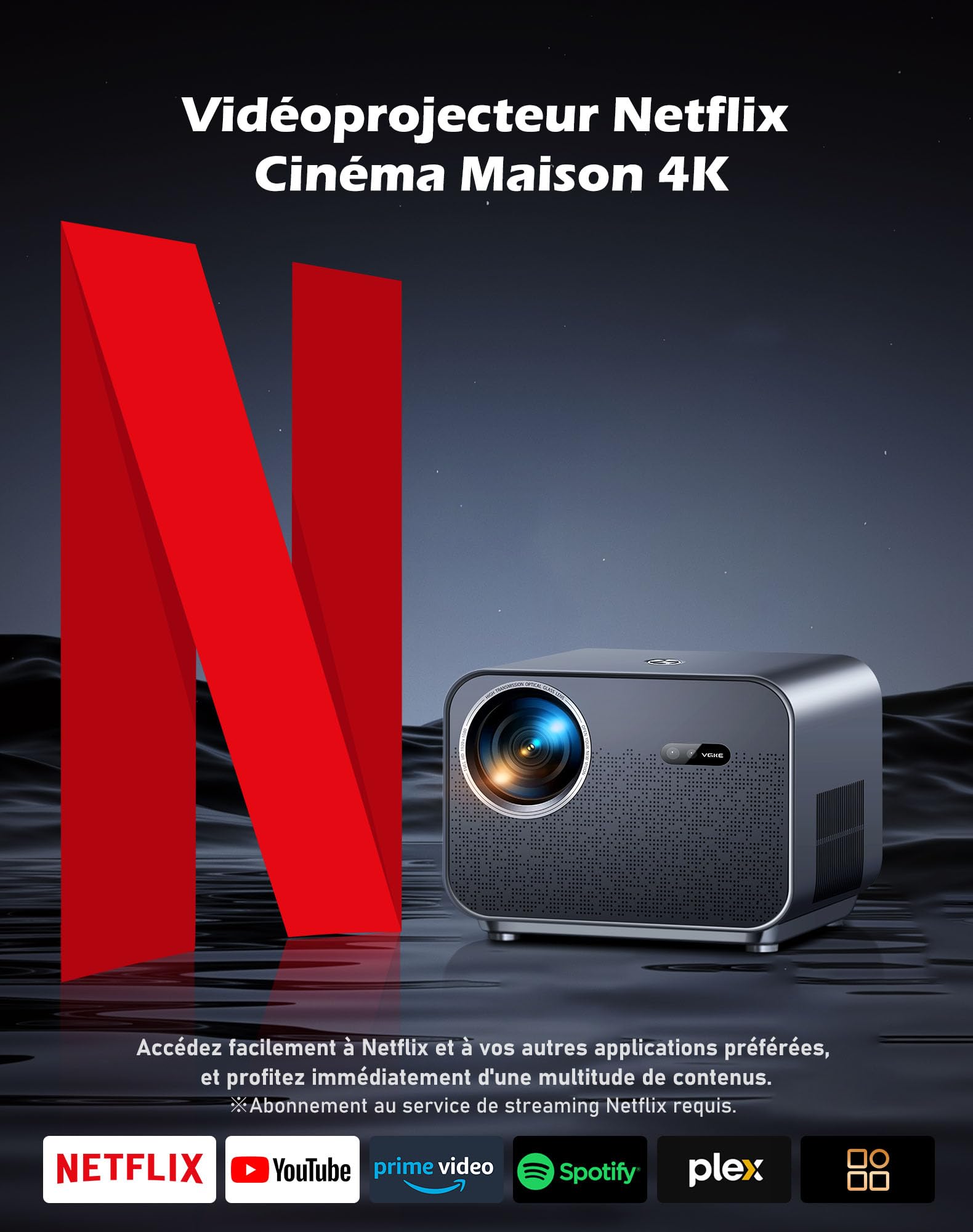 Vidéoprojecteur 4K VGKE, Compatible avec Netflix et Dolby Audio, 1100 ANSI Lumens Natif 1080p WiFi6 Bluetooth Rétroprojecteur pour Smartphone/PC/Console PS5