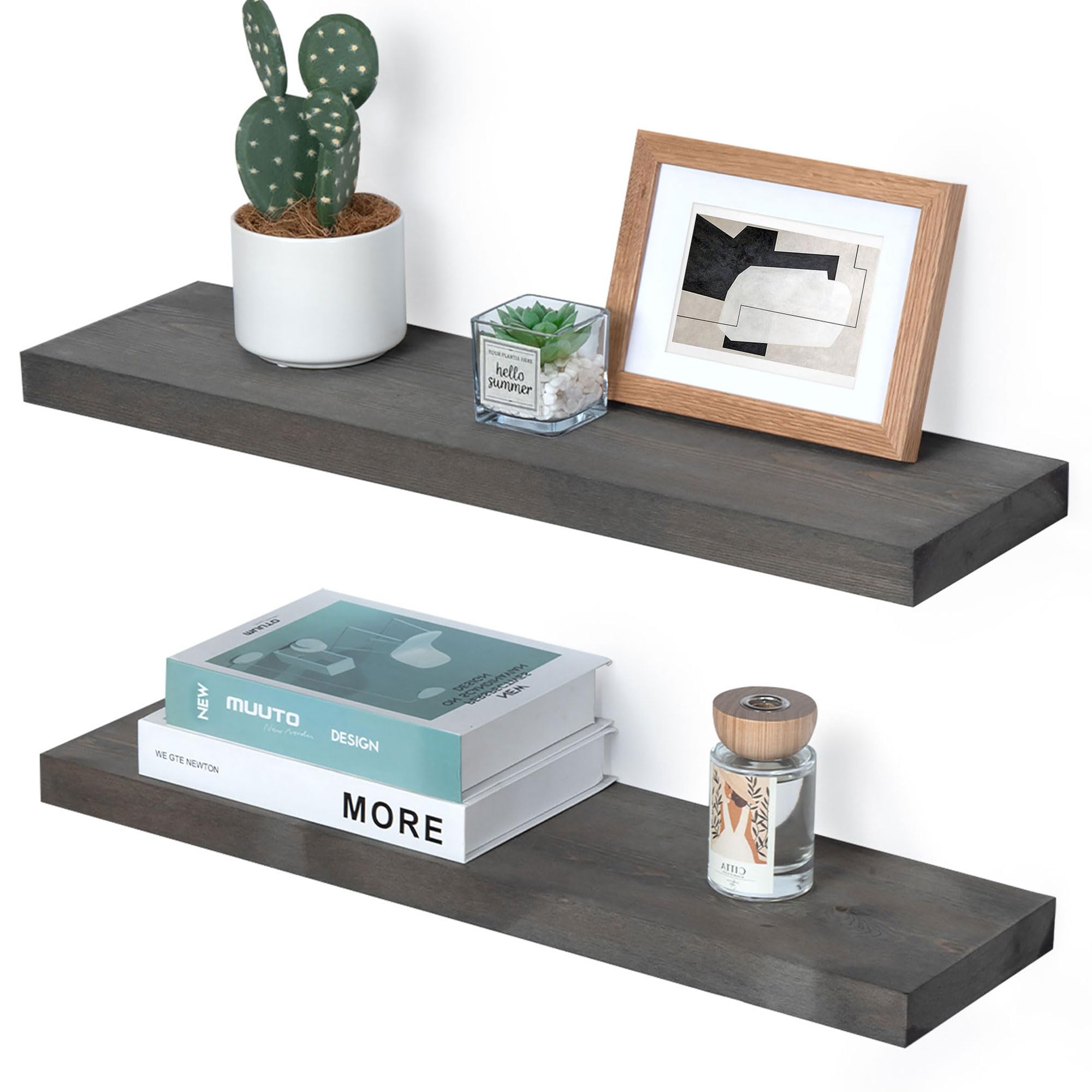 Marsmiles 24 Inch Grey Wood Floating Shelves for Wall, Rustic Farmhouse Wooden Wall Shelves Set of 2, Solid Wood Shelves for Wall Decor & Storage Bathroom Kitchen Living Room - Distressed Grey