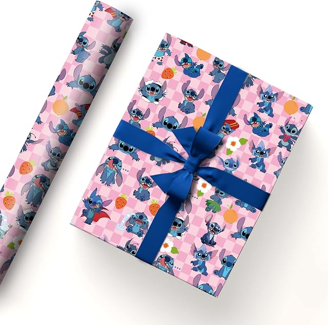 PADIEOE Pack of 5 Lilo & Stitch Gift Wrapping Paper 51x75cm Kraft Paper Durable Stitch Gift Wrap Pack for Kids Birthday, Party Storage Festive Decoration (Pink)