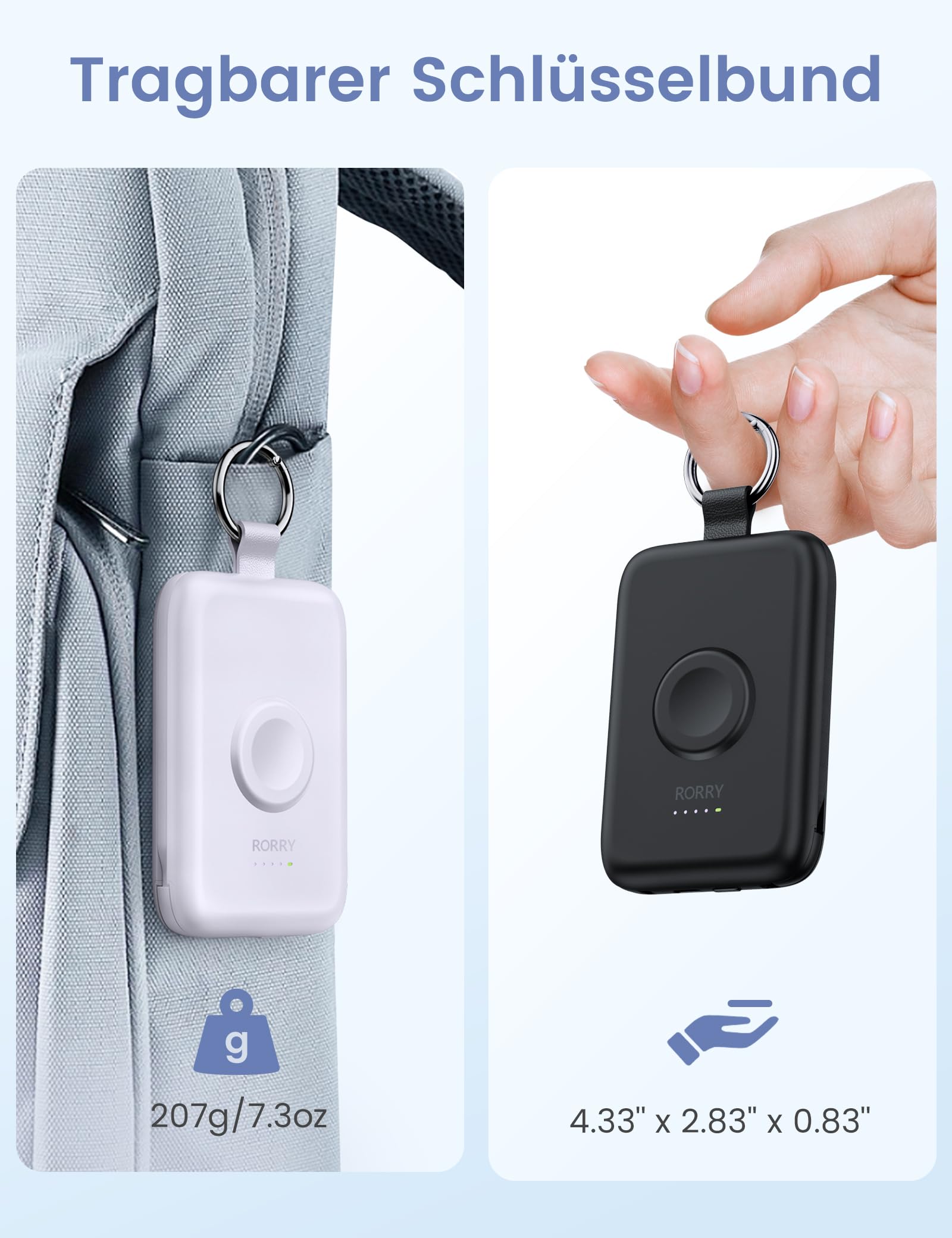 RORRY Power Bank, 10000mAh Powerbank Schnellladefunktion PD 20W mit Integriertem Kabel, Reise Portable Charger Externe Handyakkus für iPhone 17/16/15/14 and Apple Watch Ultra 11/10/9/8/7/SE, Weiß