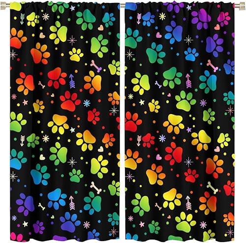 Cortinas opacas de dibujos animados de fantasía con diseño de patas de perro para dormitorio, diseño de arcoíris y lindos perros, cortinas de