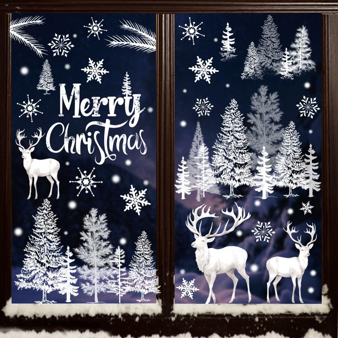 Veylin White 9 Sheets Christmas Window Stickers Christmas Window Cling Reusable Xmas Window Decal Snowflakes And Pine Trees Scene Static Sticker For Xmas Window Decor