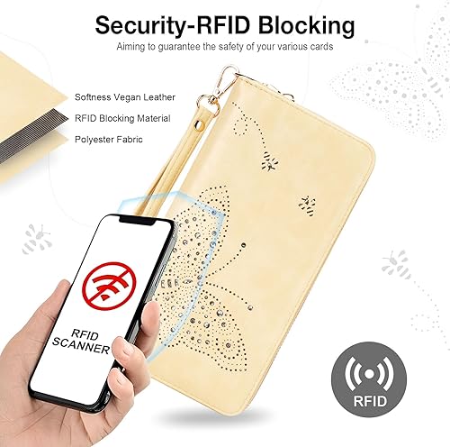 Miniatura 6 de Cartera RFID para mujer, cartera de gran capacidad con mariposa, cartera de teléfono celular, carteras de mano para mujer, carteras de pulsera para