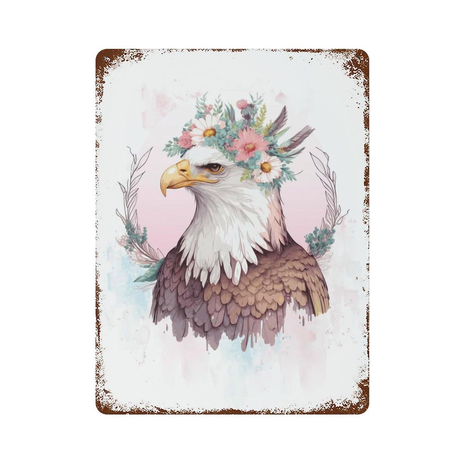 Garage Style Floral Bald Eagle Painting Distressed Metal Wall Sign 15.7"x11.8", Rustic Home Decor for Bar And Workshop
