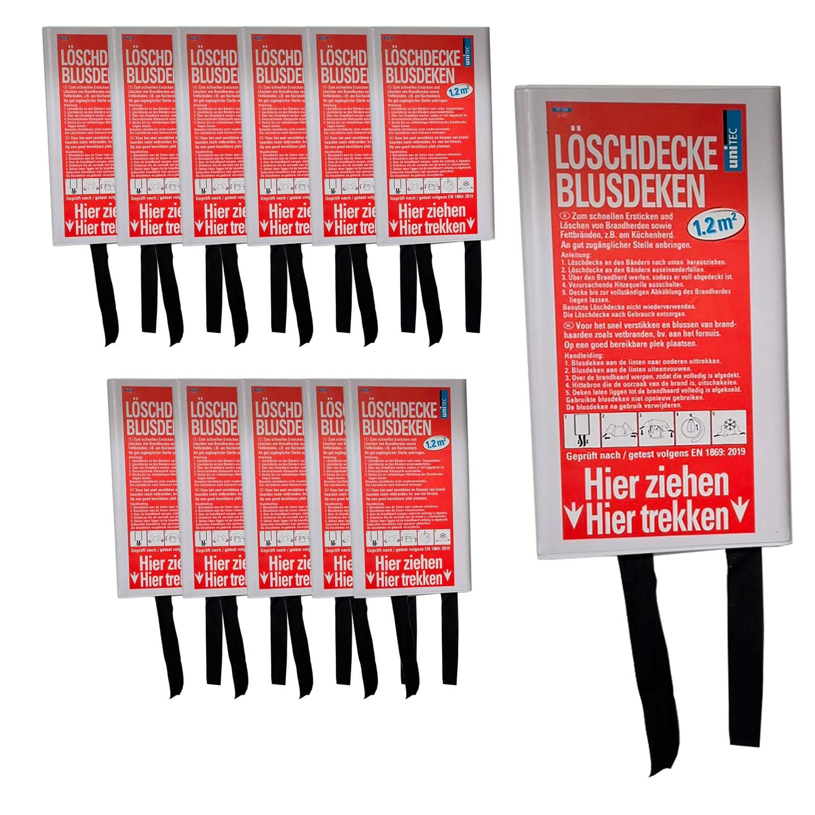 BURI 12 mantas ignífugas con soporte de pared, manta ignífuga, cubierta de seguridad de supervivencia de emergencia para cocina, techo de fibra de vidrio, 110 x 110 cm (1,2 m²)