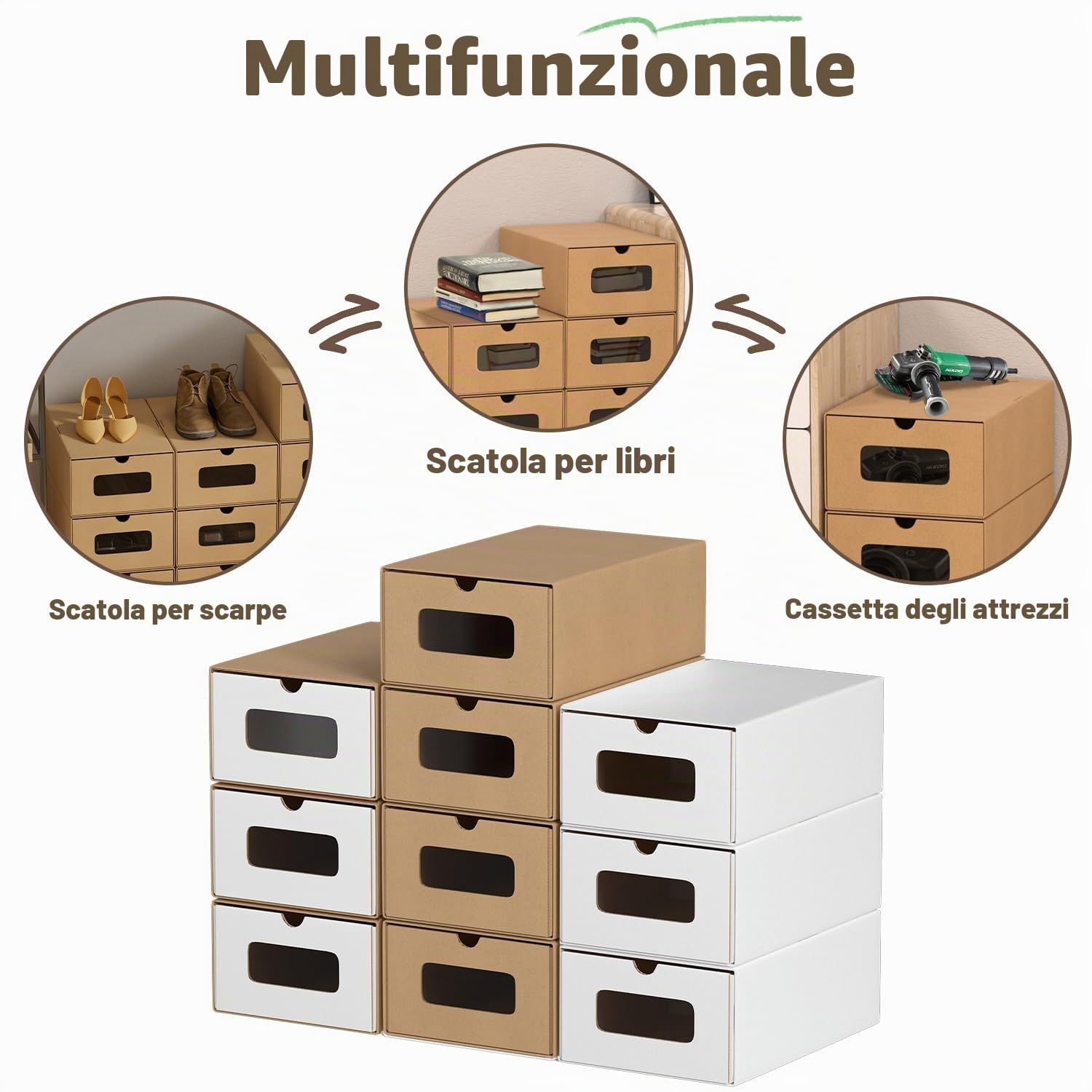 Scatole portaoggetti con finestra di visualizzazione, set da 10, 33 x 30 x 35 cm, Scatole per scarpe impilabili in cartone, Scatola per scarpe Scatola per giocattoli Contenitore per accessori