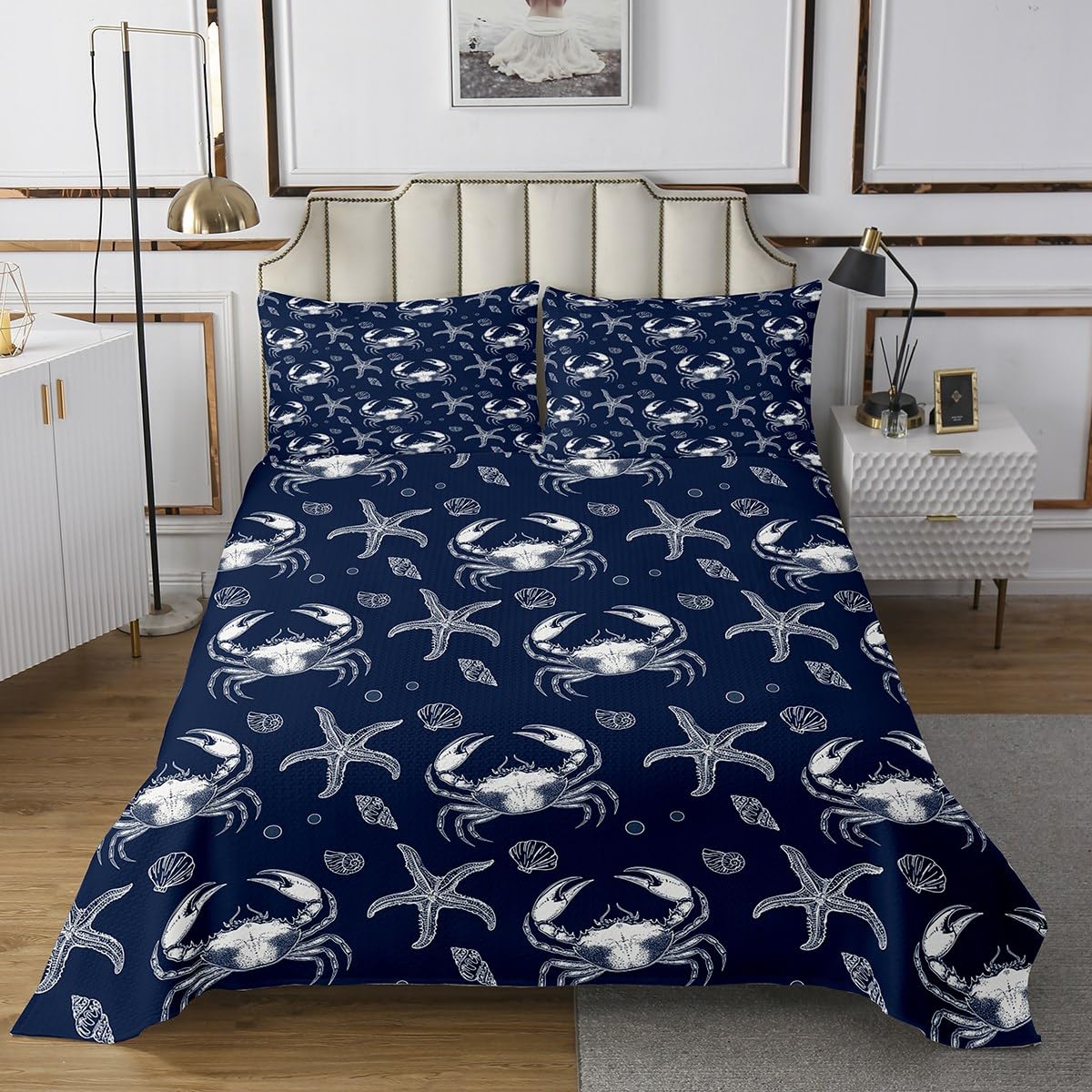 Coastal Kids Boys Quilt Bedding Set King,Ocean Theme Navy Blue Coverlet Bedspread,Starfish Crab Conch Lightweight Bedding Bed Cover,Nautical Sea Animals Bedspread Set (1 Quilt+ 2 Shams)