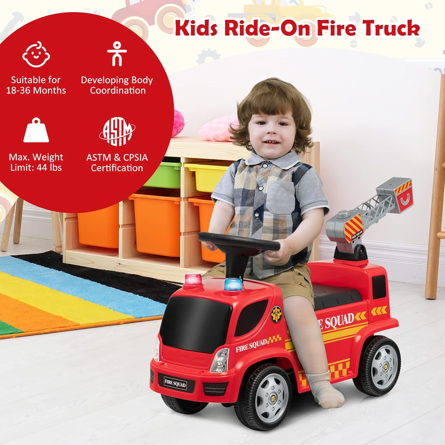 HONEY JOY Ride On Push Car with Bubble Maker, Fire Engine Push Cars for Toddlers w/Horn, Music, Lights, Under Seat Storage, Foot-to-Floor Ride On Fire Truck Toy for Kids Boys Girls, Red