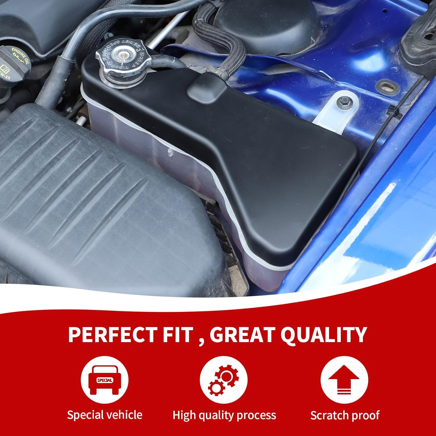 4PCS Engine Hood Dust Cover Kit Compatible with 2011-2023 Dodge Charger Accessories, Coolant Tank Cover, Windshield Washer Tank Cover, Hood Lock Bolt Gap Trim, Black