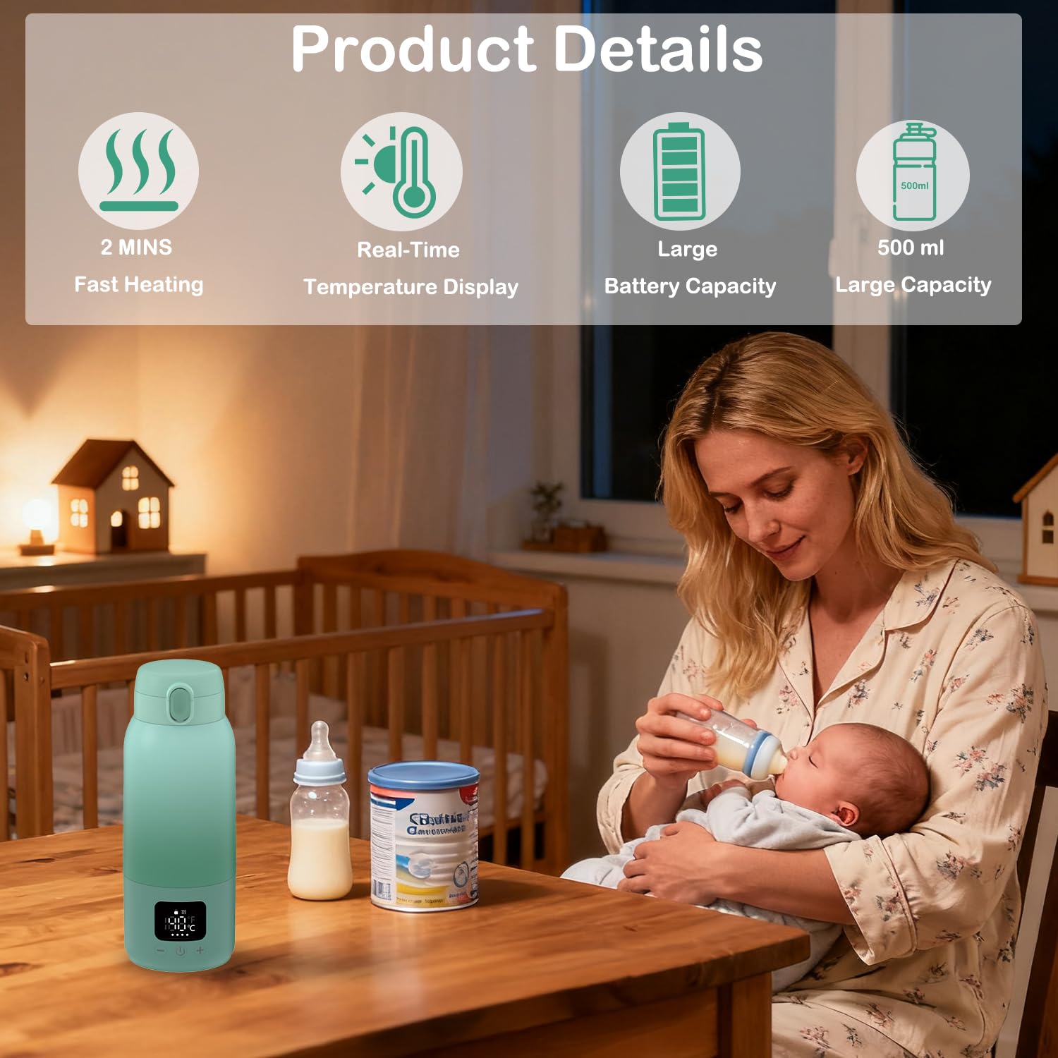 Tragbarer Flaschenwärmer Baby für Unterwegs, Schnelles Aufheizen Muttermilch und Wasser, Lange Akkulaufzeit mit 12000mAh Akku, 500ml Kapazität, Babyflaschen Wärmer für Zuhause, Camping, Reisen