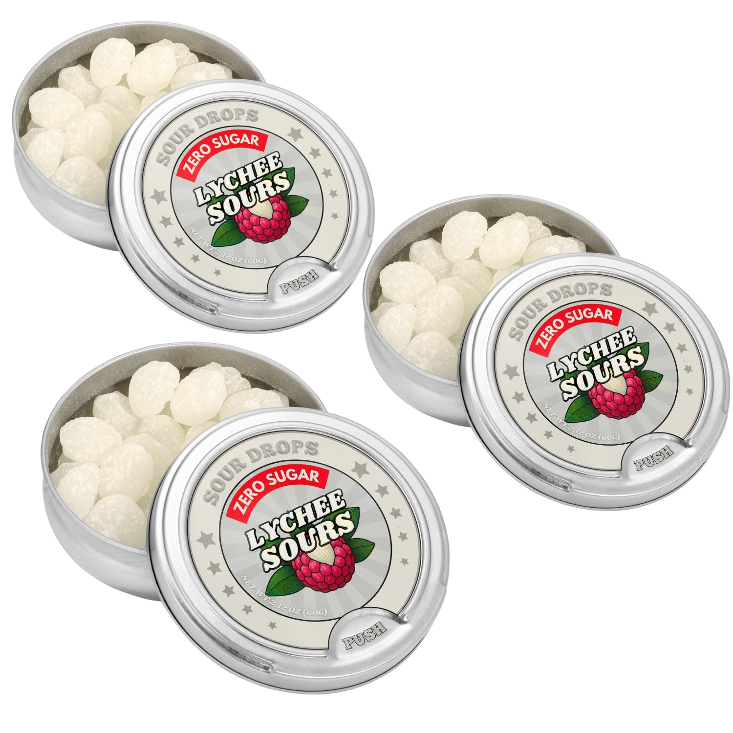 Sour Drops - Lychee Zero Sugar Sour Hard Candy - Small Batch - No Artificial Sweeteners or Dyes - Vegan, Gluten Free - 3 Gift Tins (60g Each)