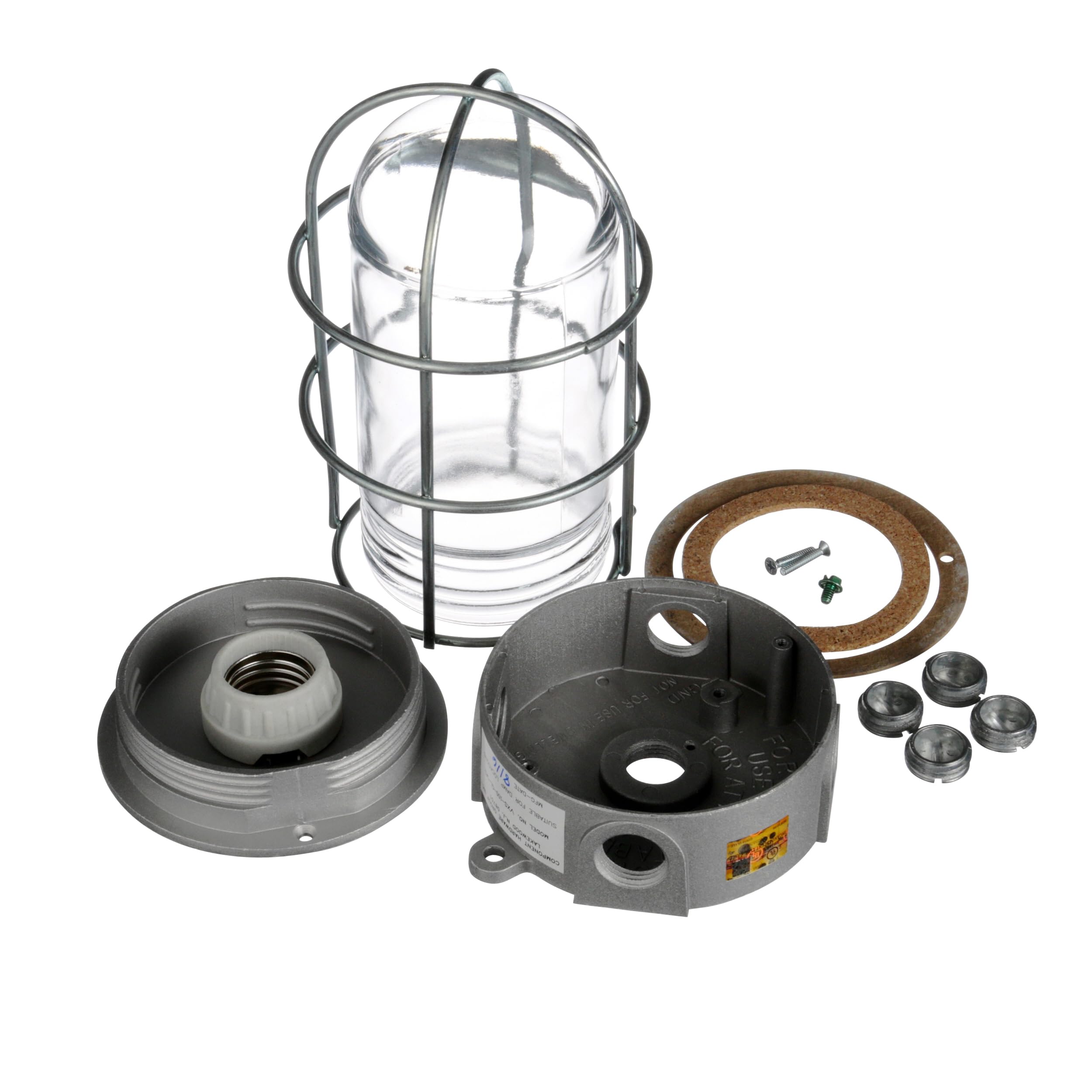 100W 120VAC Brushed Aluminum Surface Mount Incandescent Refrigeration Light with Clear Glass Globe and Wire Guard