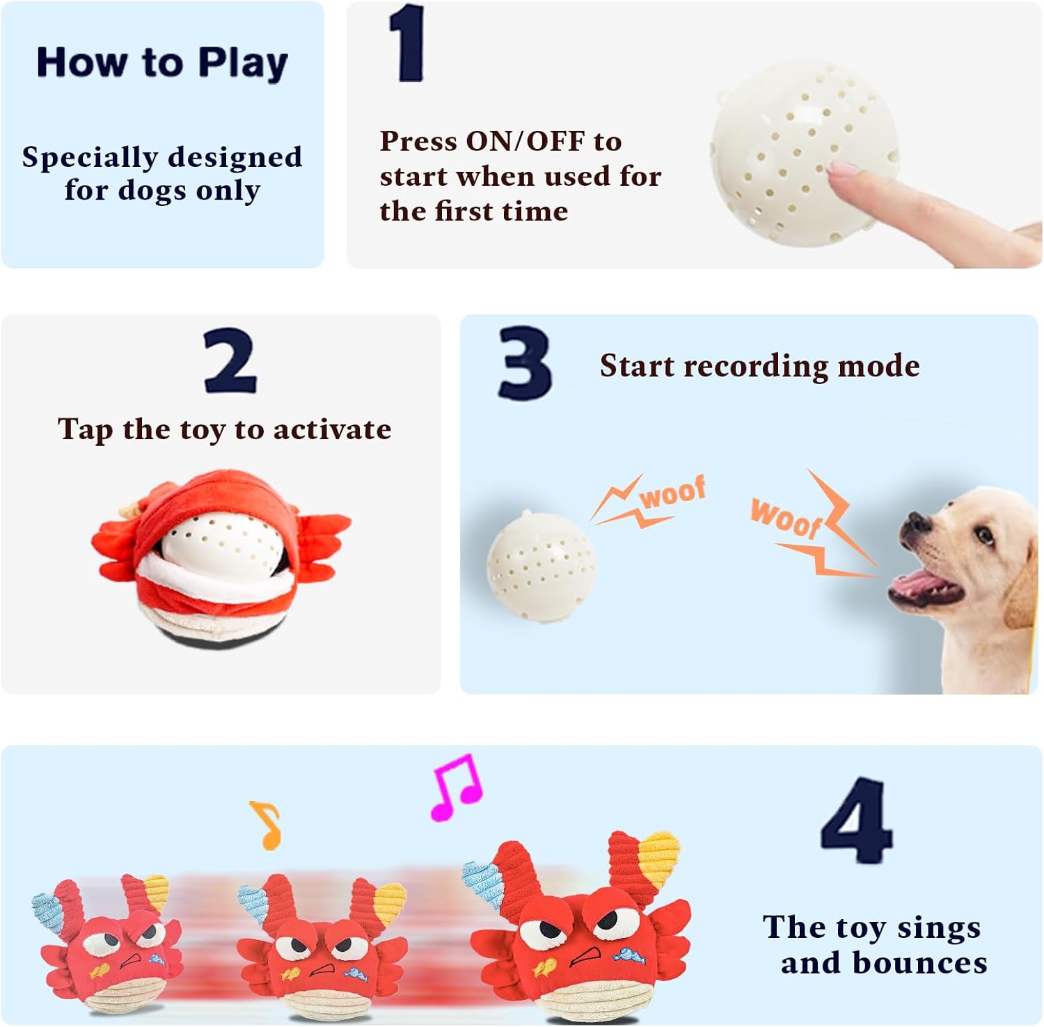 Interactive Dog Toys - Bouncing Crab with Music and Recording, Moving Ball for Small/Medium/Large Puppy to Keep Them Busy for Boredom, Smart Motion Activate Pet Toy, Rehargeable (Angry-Looking) - Image 2