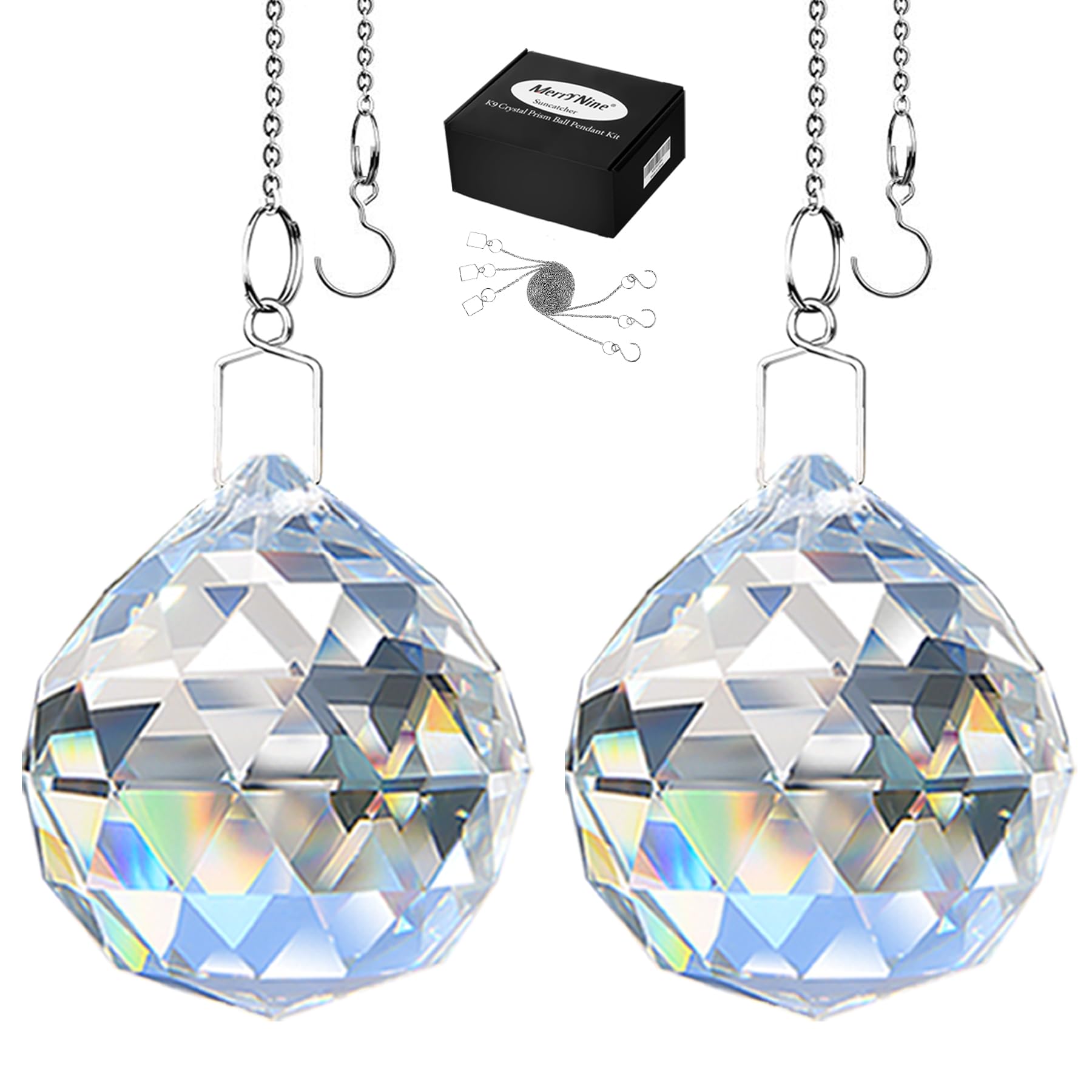 MerryNine 2 Pack Crystal Ball Prism Sun Shine Catcher Rainbow Pendants Maker, Hanging Crystals Prisms for Windows, for Feng Shui, for Gift (Clear) (50mm/2.0")