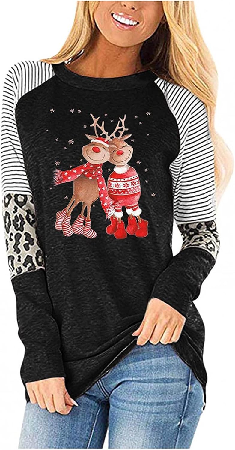 Christmas Tree Long Sleeve Shirts for Women,Fall Striped Leopard Patchwork Cute Elk Print Sweatshirt Oversized Pullover : Sports & Outdoors
