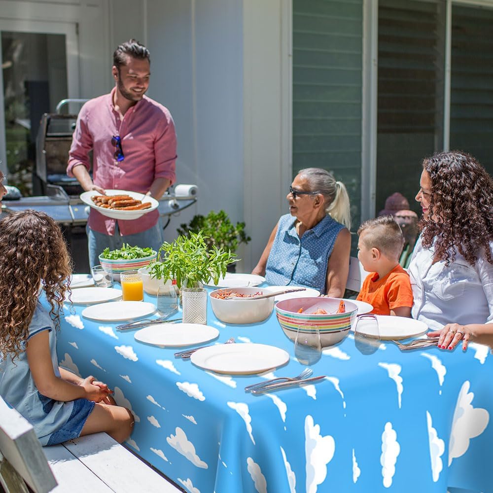 Blue Sky White Cloud Tablecloth Disposable Table Cover, 2 PCS 54 x108 Inches Cartoon Clouds Pattern Plastic Table Cloth Table Cover for Baby Showers Birthday Party Supplies, Sky Themed Decorations