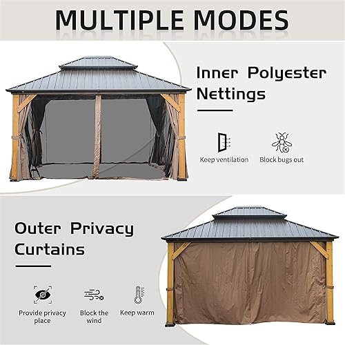 Miniatura 6 de Cenador de techo rígido de 12 x 14 pies, toldo con marco de madera de cedro para exteriores con doble techo de acero galvanizado, pabellón de metal